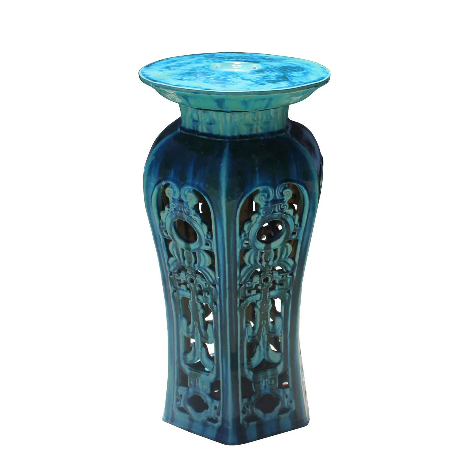 Ceramic Clay Turquoise Round Tall Pedestal Table Flower Display Stand - 2