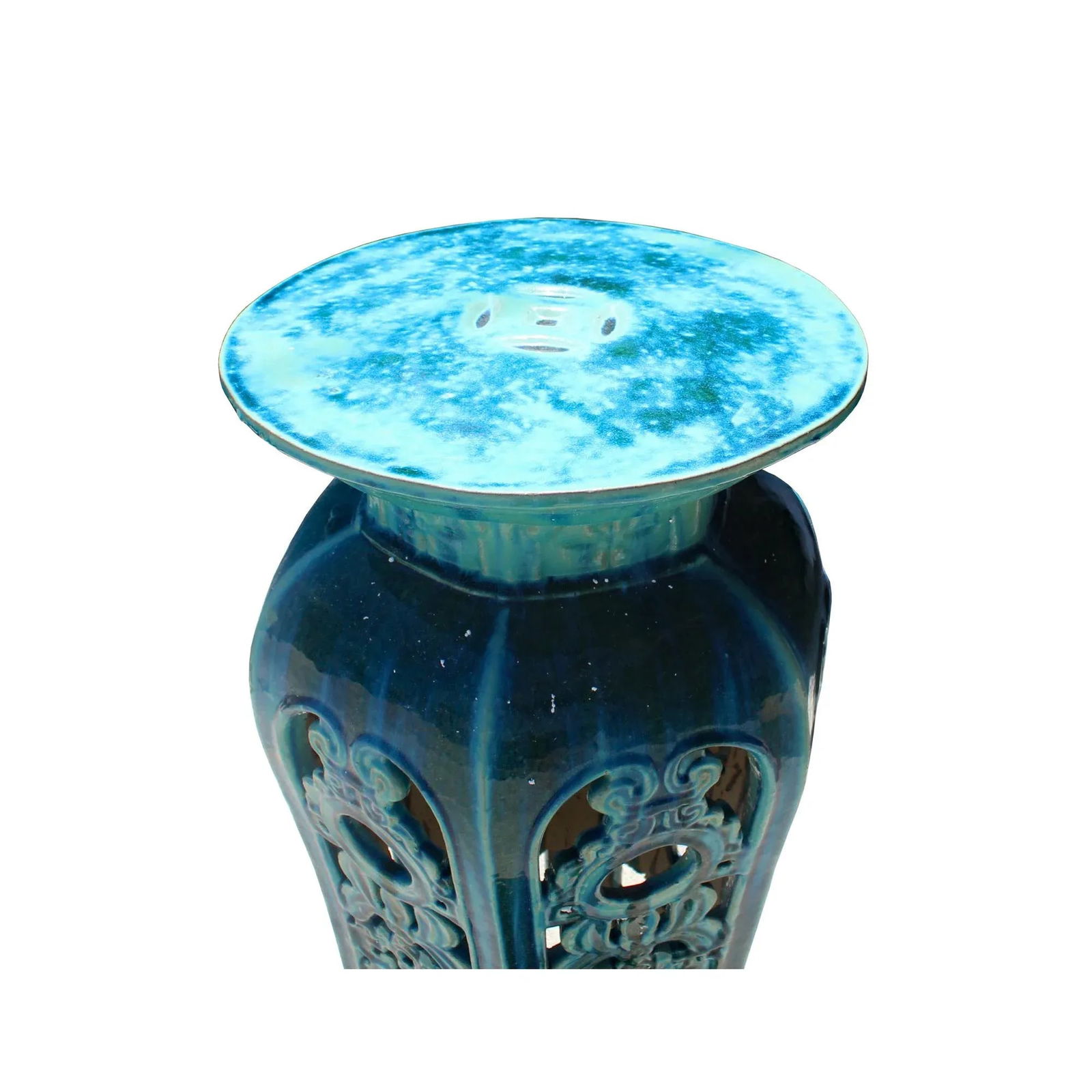 Ceramic Clay Turquoise Round Tall Pedestal Table Flower Display Stand - 3