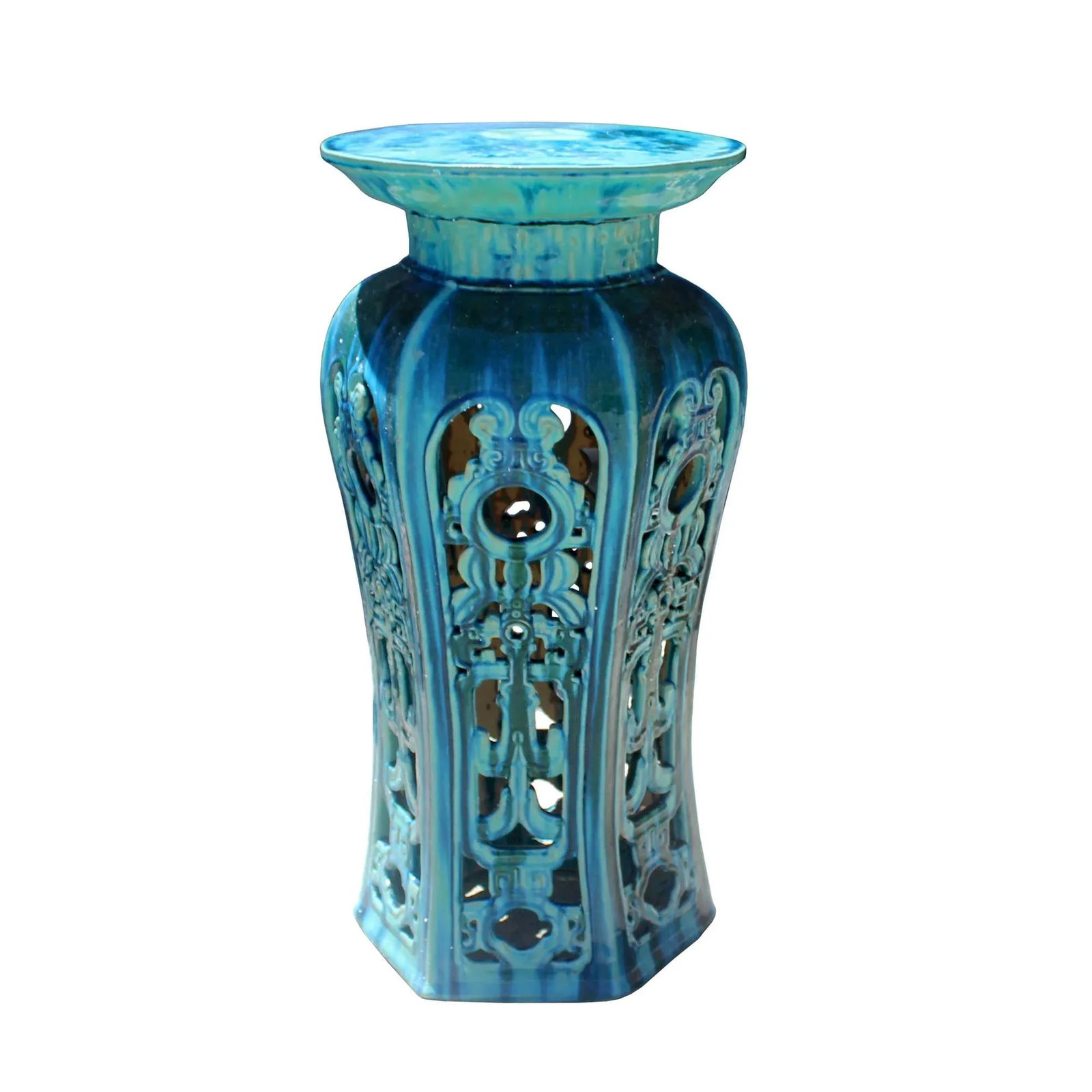 Ceramic Clay Turquoise Round Tall Pedestal Table Flower Display Stand - 4