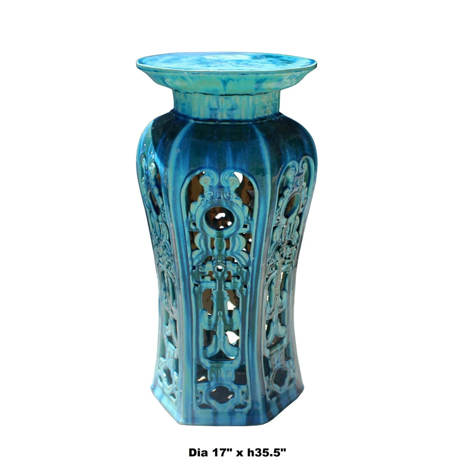 Ceramic Clay Turquoise Round Tall Pedestal Table Flower Display Stand - 6