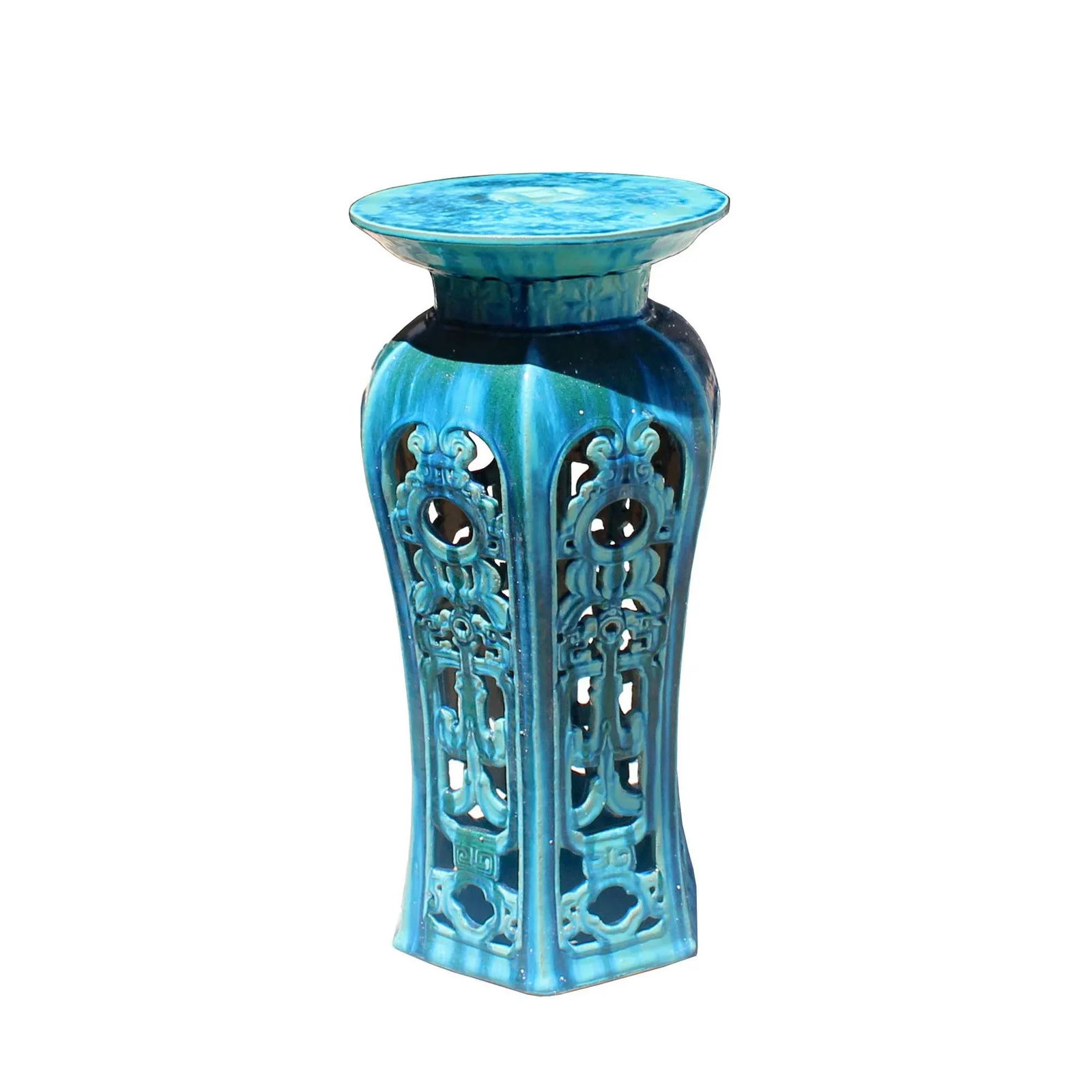 Ceramic Clay Turquoise Round Tall Pedestal Table Flower Display Stand - 7