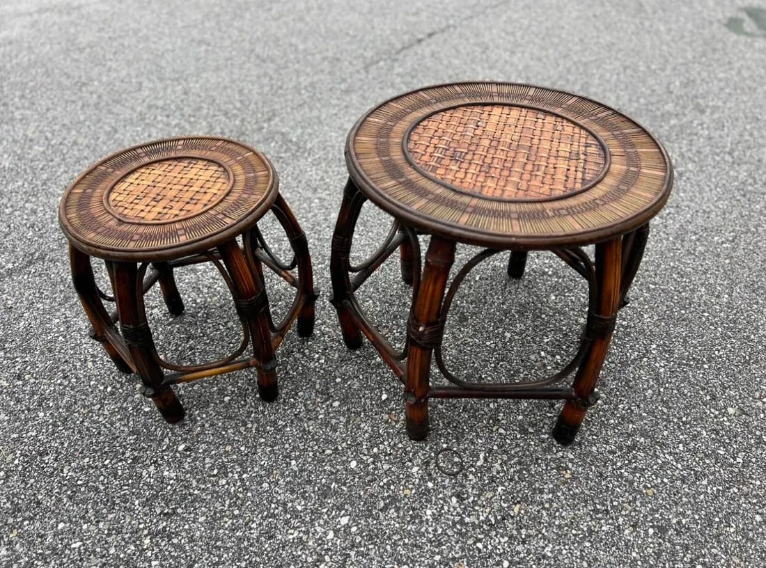 1970s Burnt Bamboo and Rattan 6-Leg Nesting Tables by Turtle and Crane - Styled After Gabriella Cres - 3