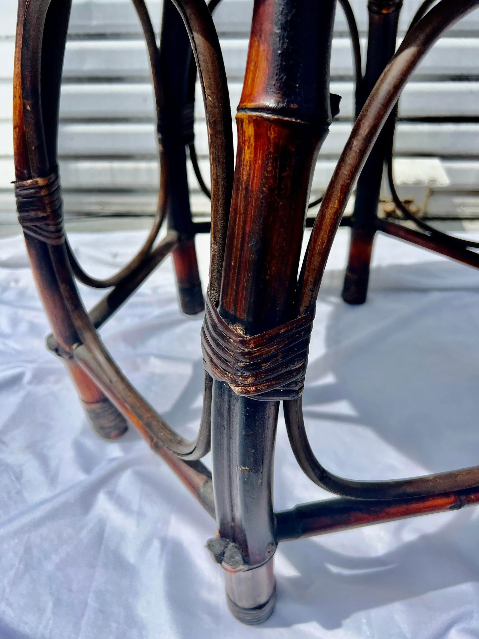 1970s Burnt Bamboo and Rattan 6-Leg Nesting Tables by Turtle and Crane - Styled After Gabriella Cres - 5