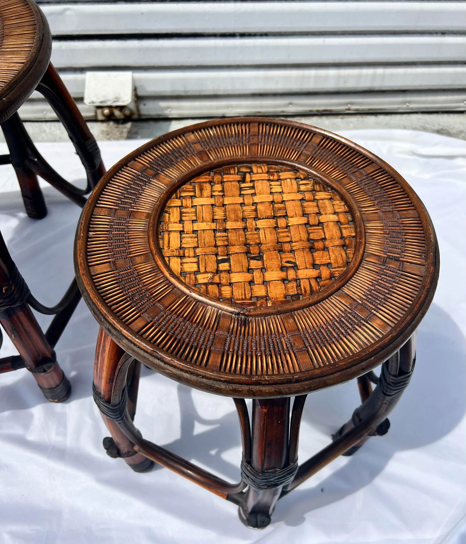 1970s Burnt Bamboo and Rattan 6-Leg Nesting Tables by Turtle and Crane - Styled After Gabriella Cres - 6