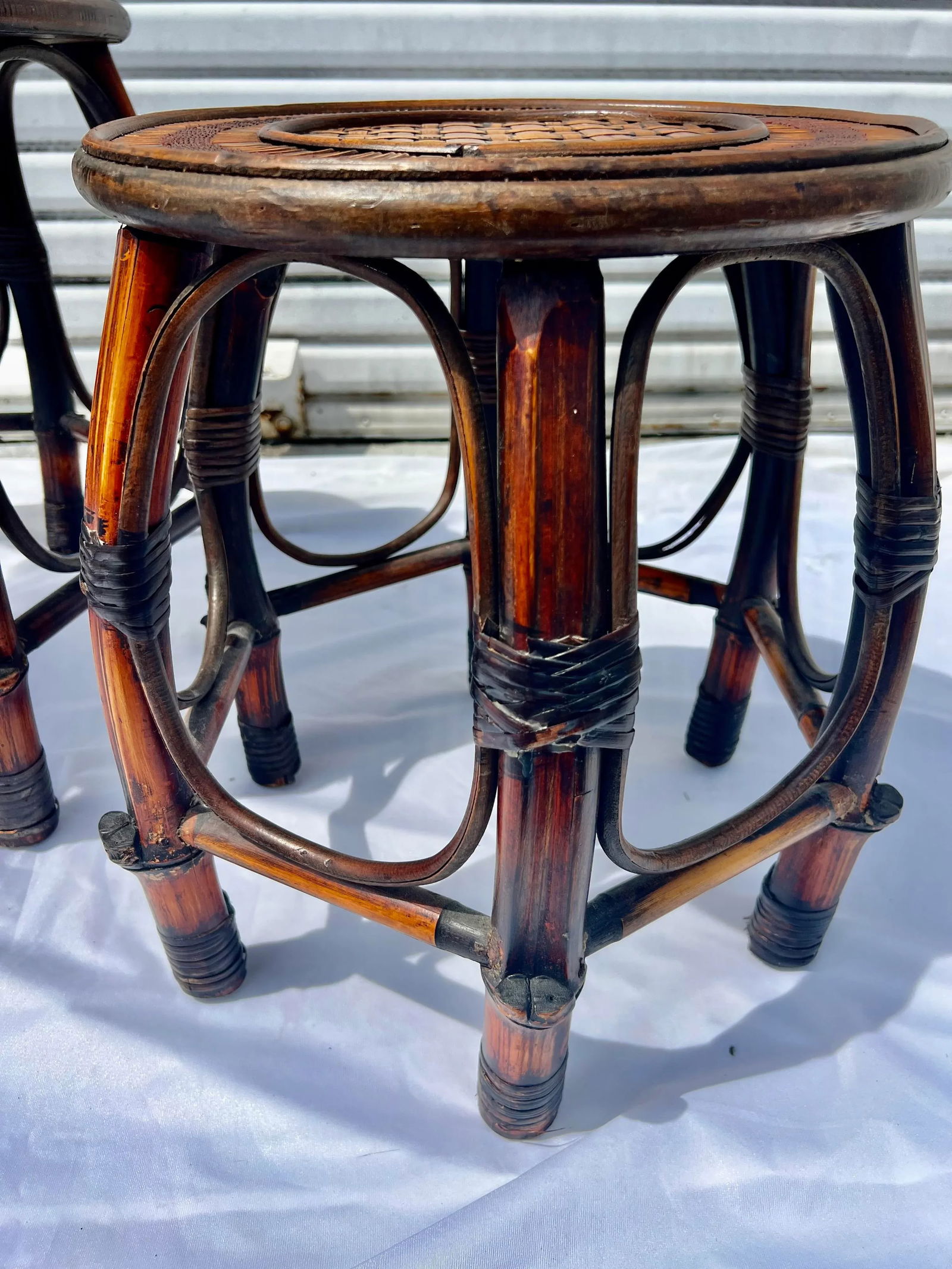 1970s Burnt Bamboo and Rattan 6-Leg Nesting Tables by Turtle and Crane - Styled After Gabriella Cres - 8