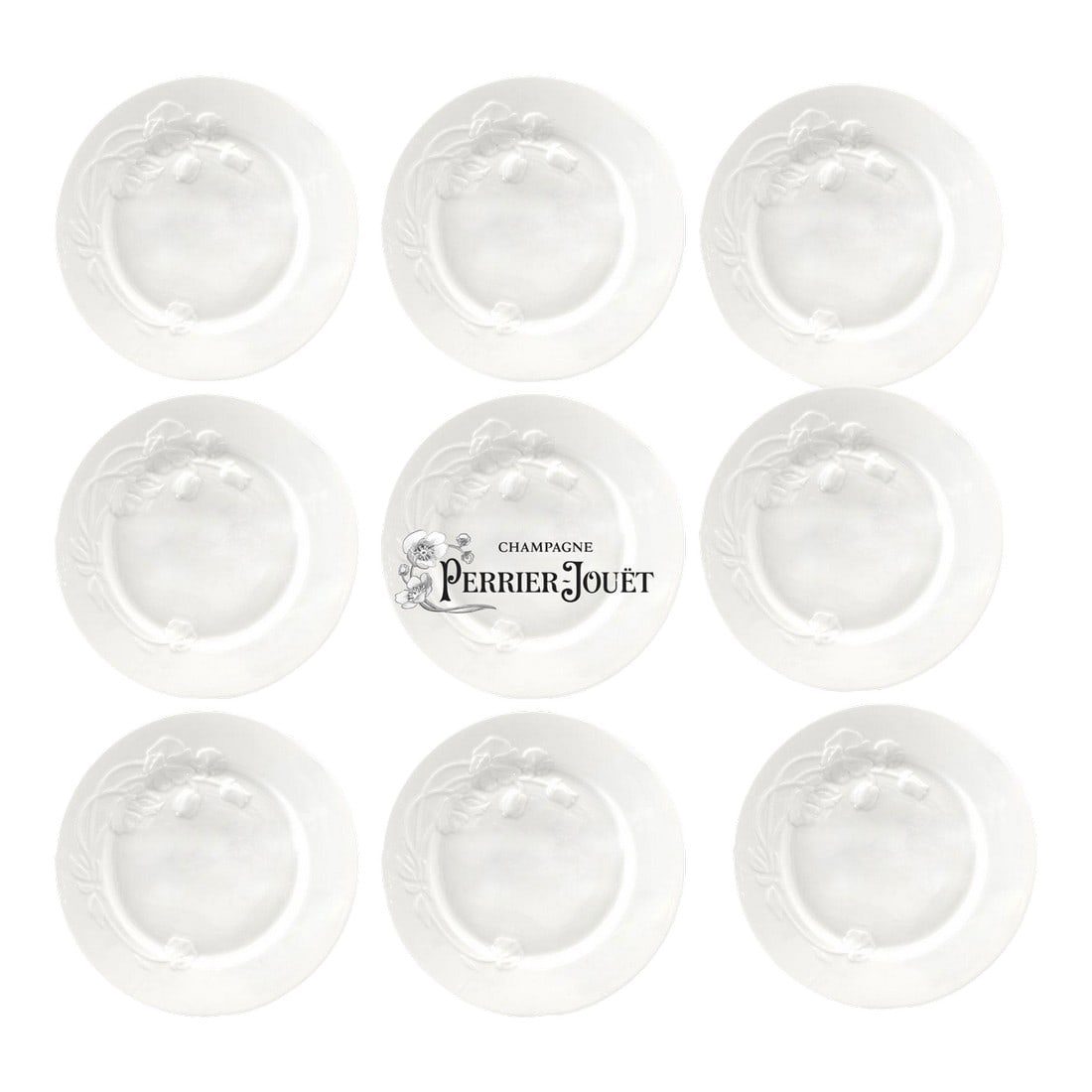 Limoges for Maison Perrier-JouÃ«t Champagne 10.75" Dinner Plates: Nine elegant white porcelain oversized European dinner plates by Haviland Limoges for the Champagne house of Perrier-JouÃ«t. It is a very rare pattern featuring a refined raised pattern