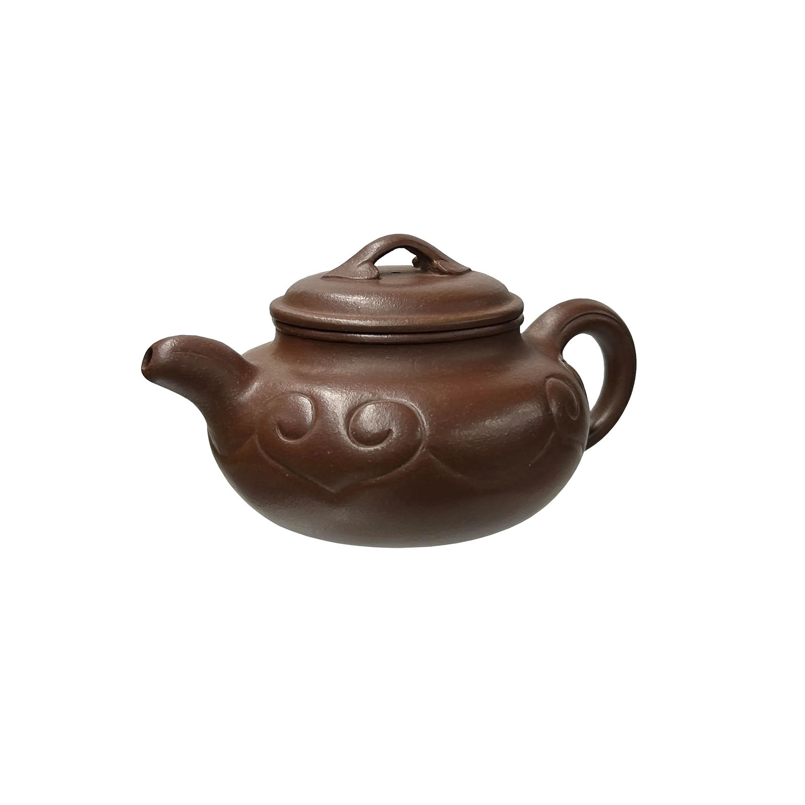 Vintage Brown Round Heart Shape Scroll Pattern Zisha Clay Teapot Art Display - 4