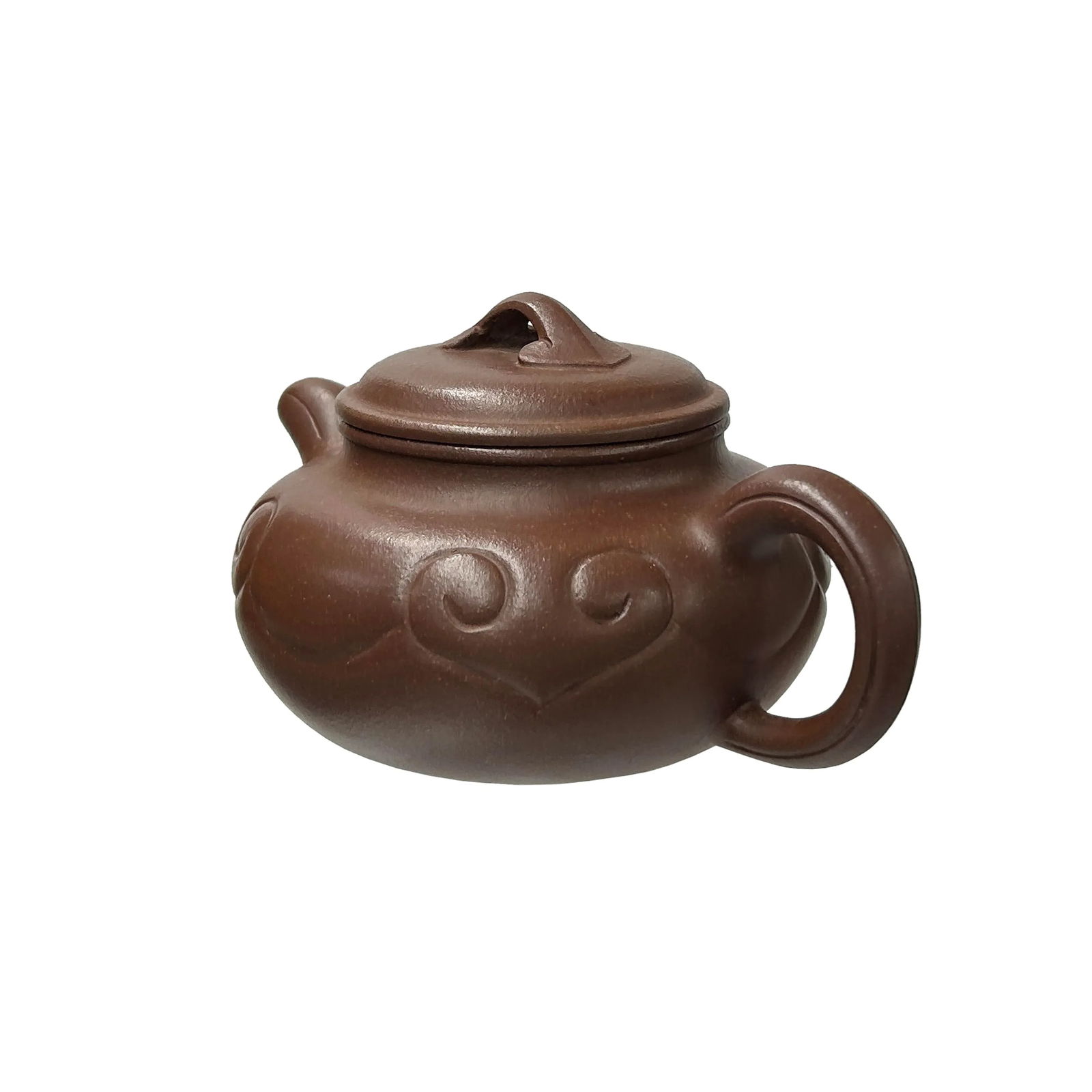 Vintage Brown Round Heart Shape Scroll Pattern Zisha Clay Teapot Art Display - 5