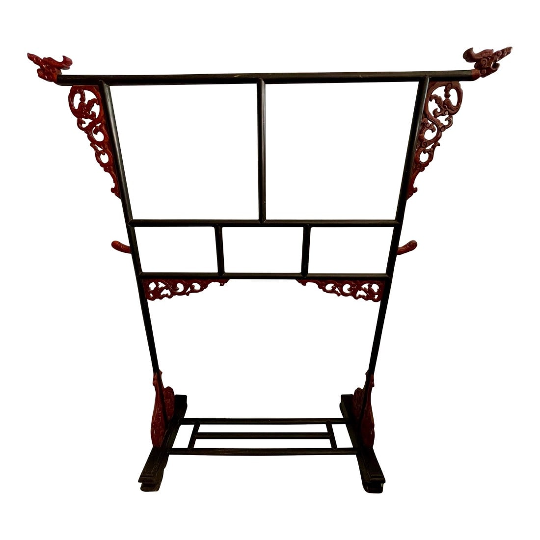 Early 20th Century Chinese Carved Wood Robe Garment Display Rack Dragon Heads Black & Red Paint: Here is a great looking wooden Chinese robe display rack painted classic smooth black with cinnabar red accents, including the wonderful carved dragon heads which are overlooking and protecting all.