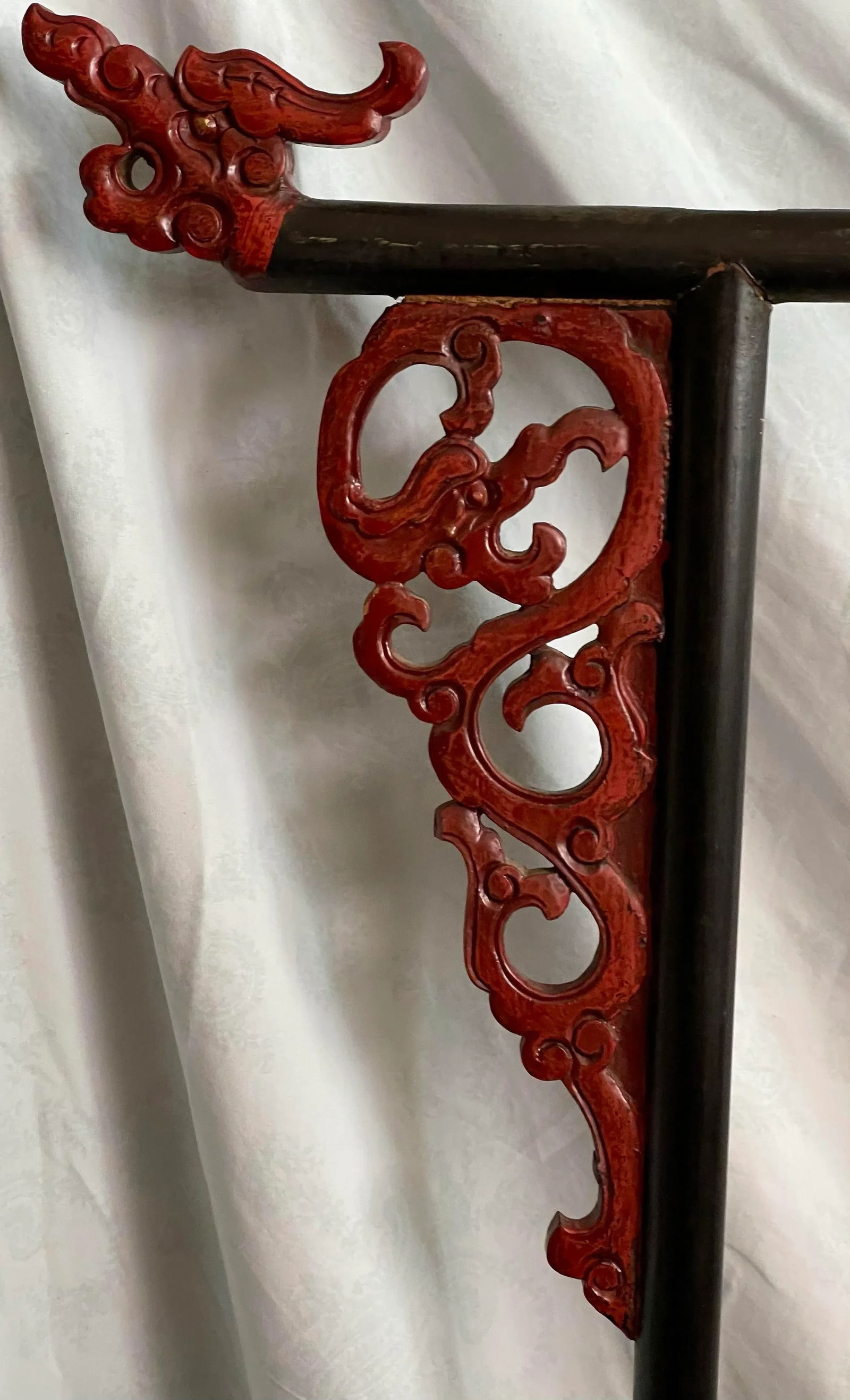 Early 20th Century Chinese Carved Wood Robe Garment Display Rack Dragon Heads Black & Red Paint - 3