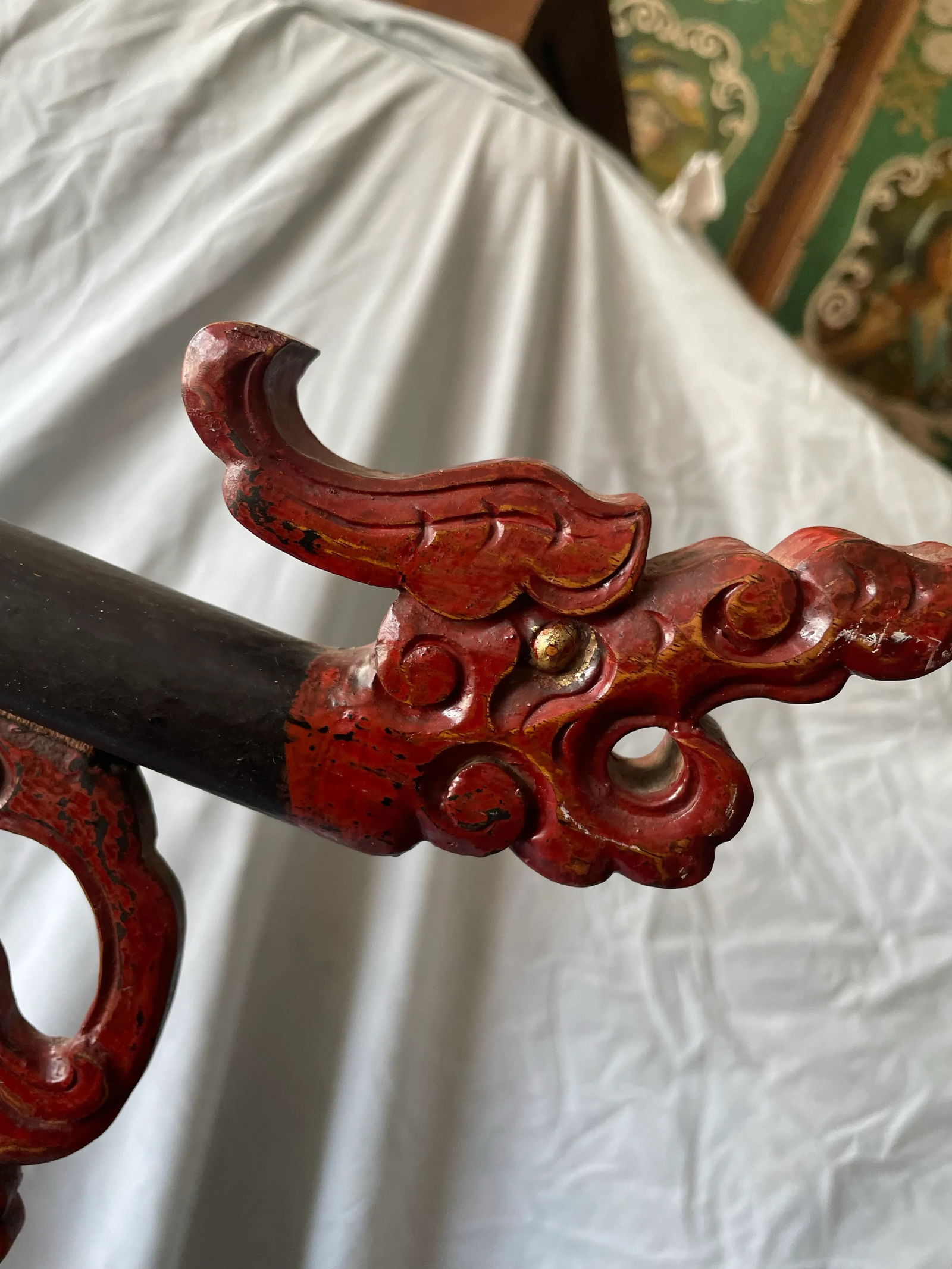 Early 20th Century Chinese Carved Wood Robe Garment Display Rack Dragon Heads Black & Red Paint - 4