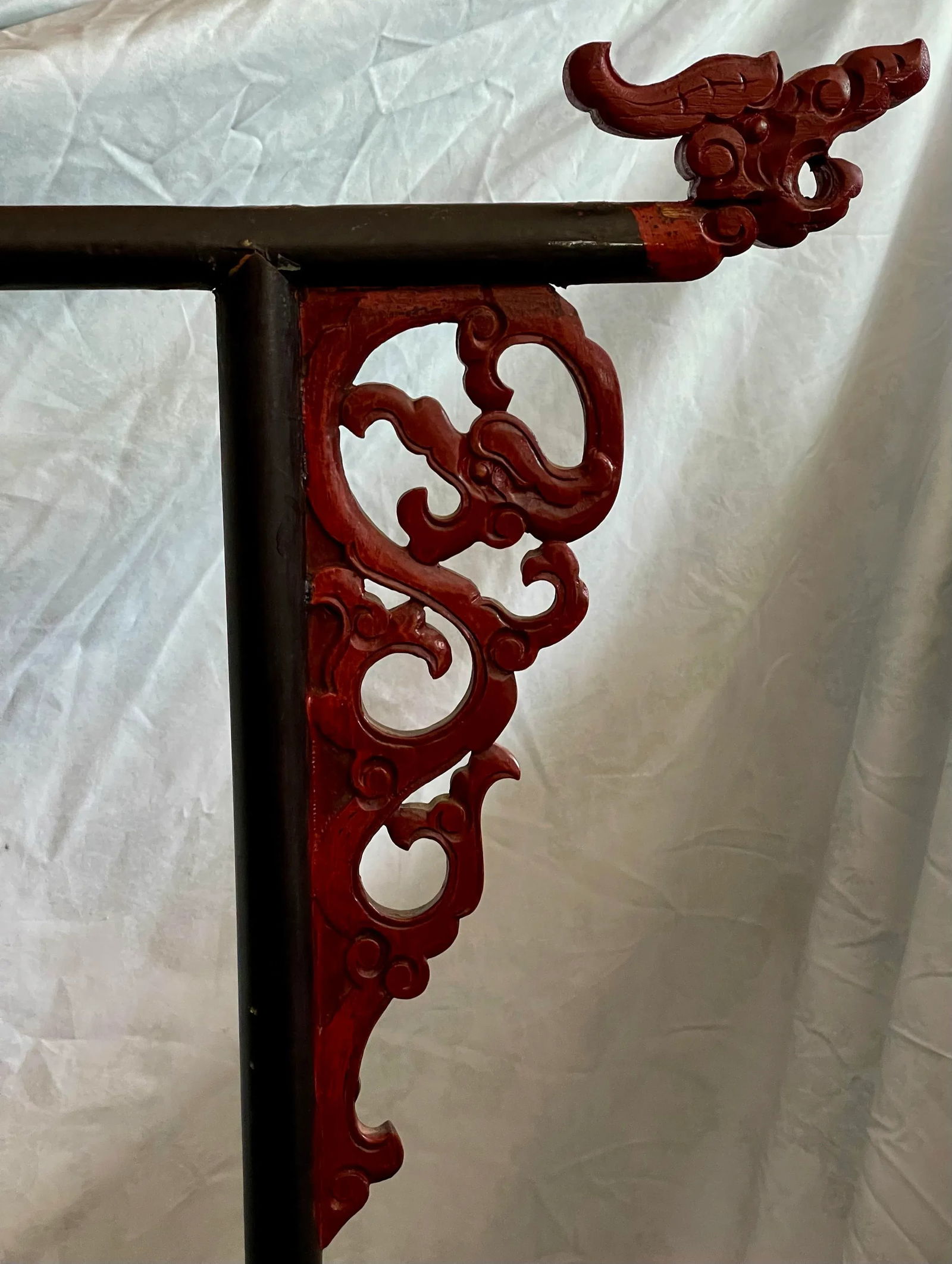 Early 20th Century Chinese Carved Wood Robe Garment Display Rack Dragon Heads Black & Red Paint - 5