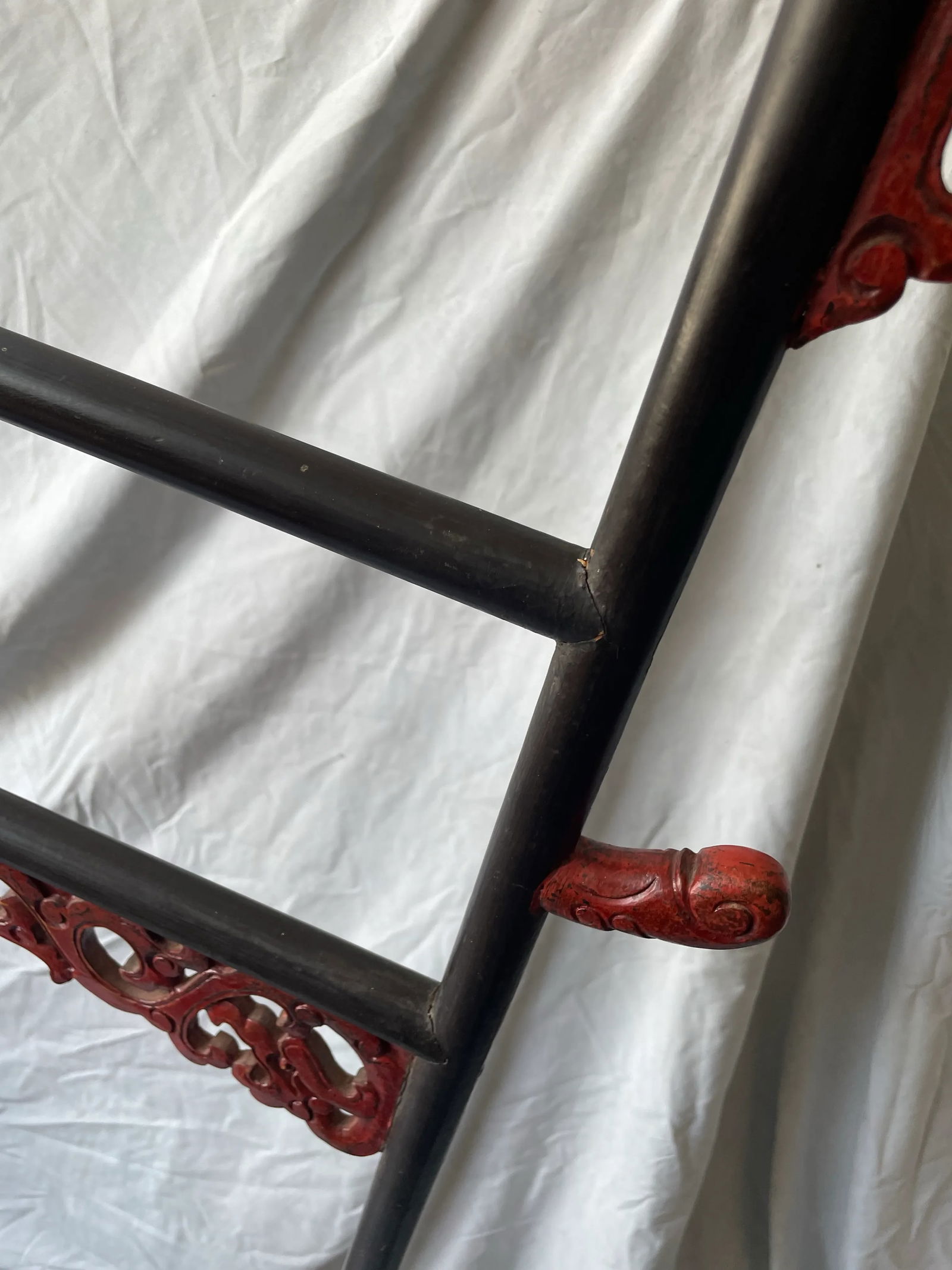 Early 20th Century Chinese Carved Wood Robe Garment Display Rack Dragon Heads Black & Red Paint - 7