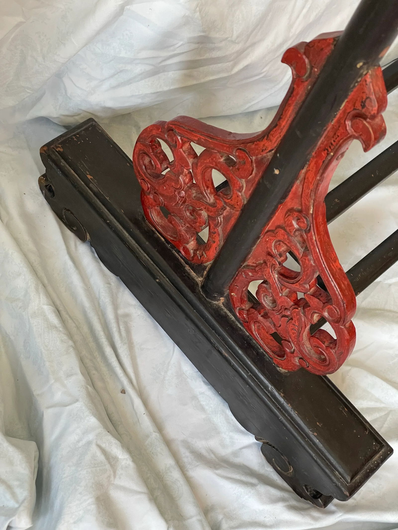 Early 20th Century Chinese Carved Wood Robe Garment Display Rack Dragon Heads Black & Red Paint - 8