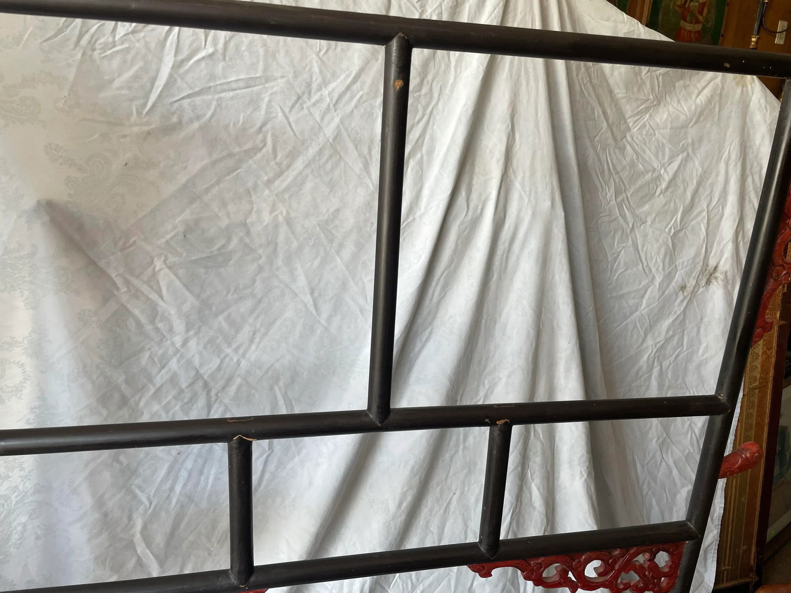 Early 20th Century Chinese Carved Wood Robe Garment Display Rack Dragon Heads Black & Red Paint - 9