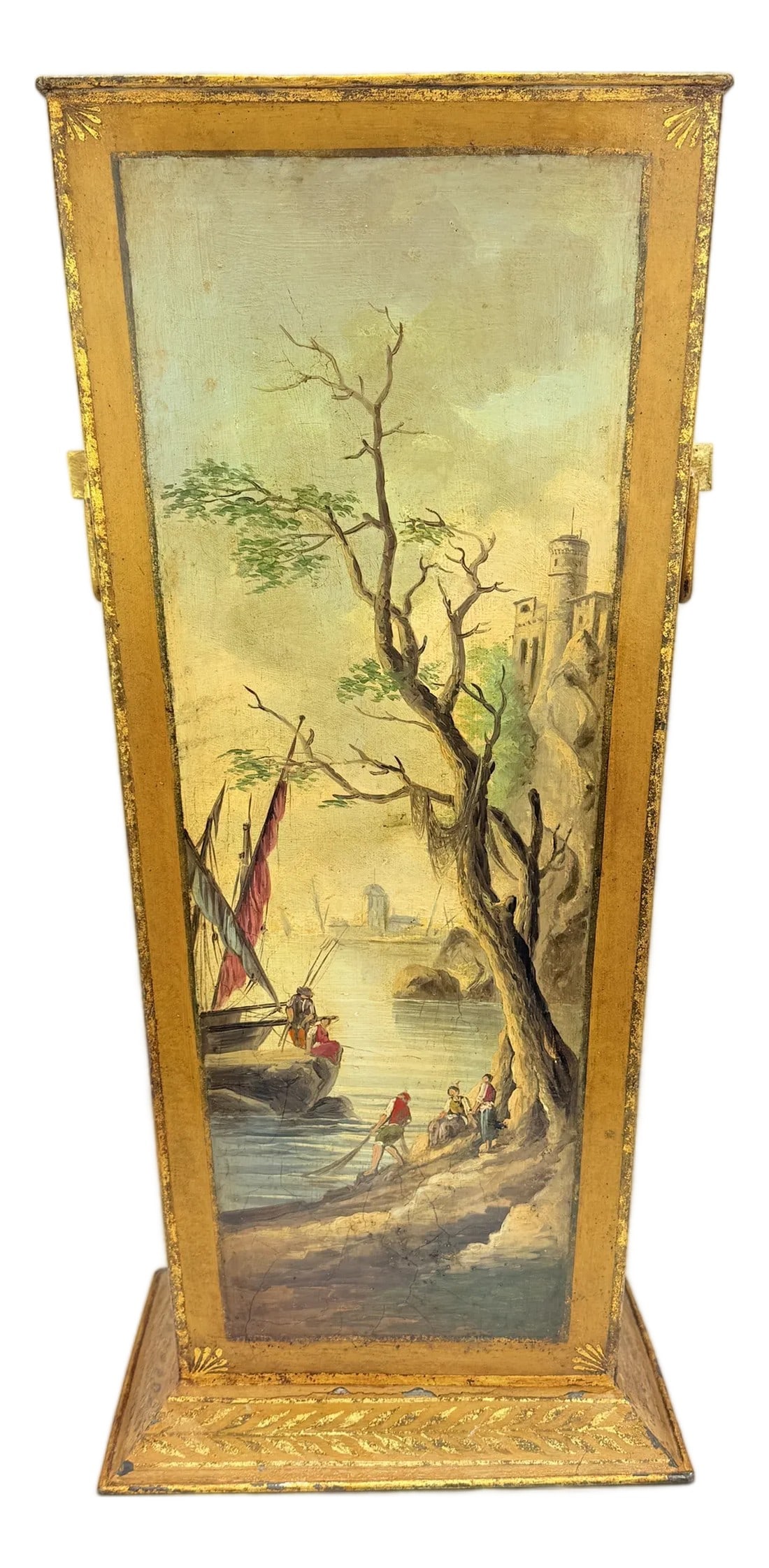 Italian Painted & Gilt TÃ´le Peinte Umbrella Stand or Waste Bin With Harbor Scene: A finely hand-painted and gilt trapezoidal tÃ´le peinte umbrella stand or refuse bin, likely Italian, dating to the 19th century. The central panel is adorned with an elaborate coastal