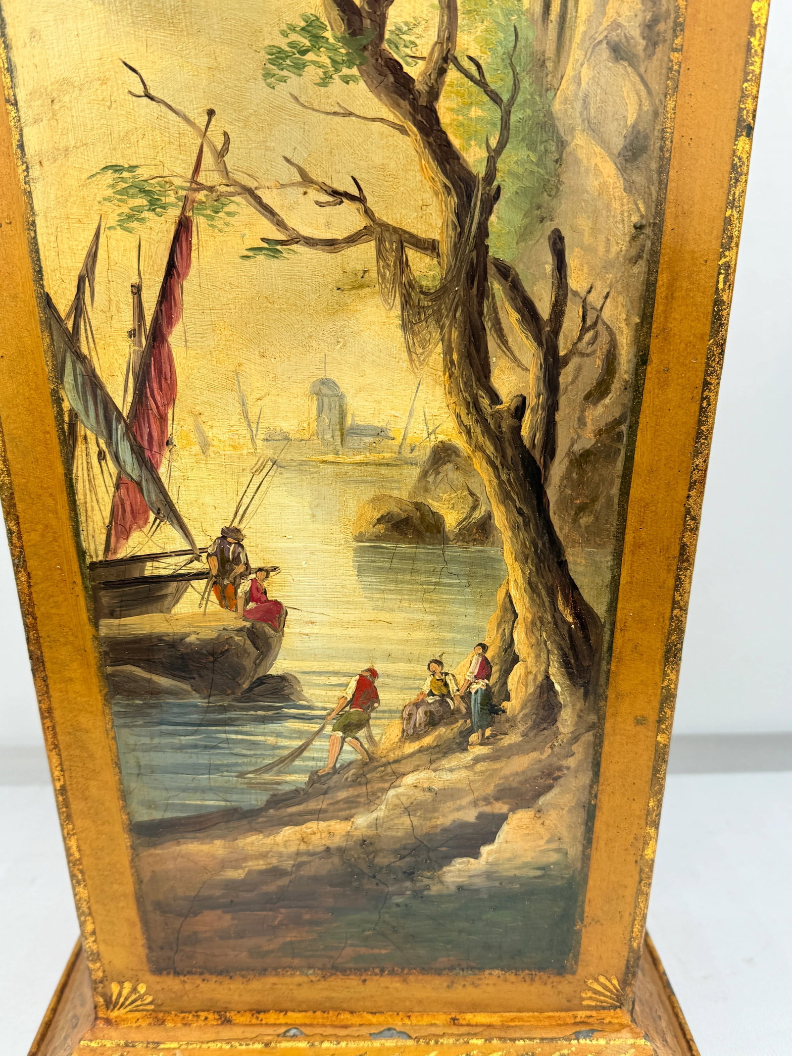 Italian Painted & Gilt TÃ´le Peinte Umbrella Stand or Waste Bin With Harbor Scene - 2