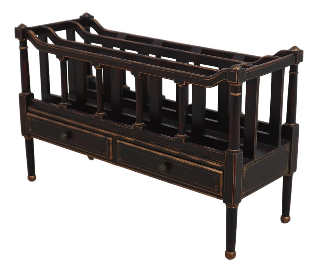Stunning Regency 2 Drawer Painted Finish Canterbury Magazine Rack: Age: Approx: 20 Years Old Details: 2 Drawers Nice Black & Red Crackle Painted Finish Nice Gold Accents Condition: Excellent Original Finish & Condition Size: 33w x 12.5d x 21h Condition: