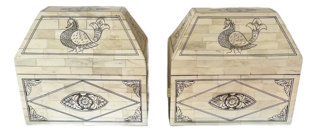 Tessellated Bone Decorative Lidded Boxes -a Pair: Striking pair of tessellated bone decorative boxes having wonderful unusual shape, black ink embellishments with birds and foliage against creamy beige and white background. Lids come off to reveal
