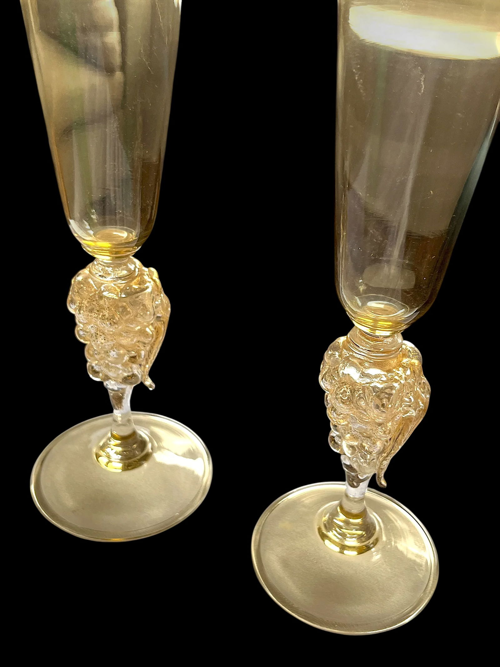 Vintage 1970s Signed Nason Moretti Murano Champagne Flutes With Grape Cluster Stems Gold Infused - A - 2