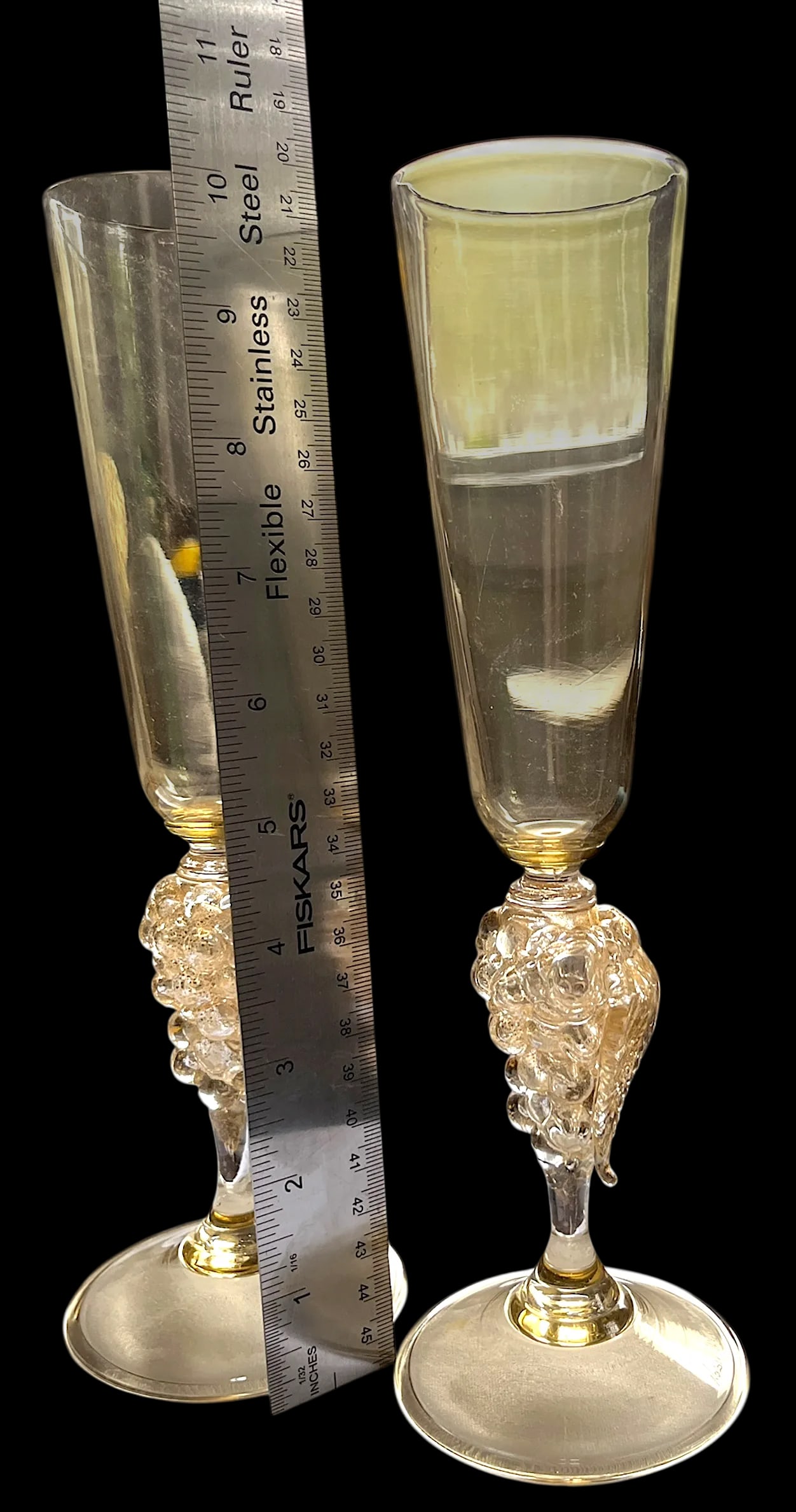 Vintage 1970s Signed Nason Moretti Murano Champagne Flutes With Grape Cluster Stems Gold Infused - A - 8