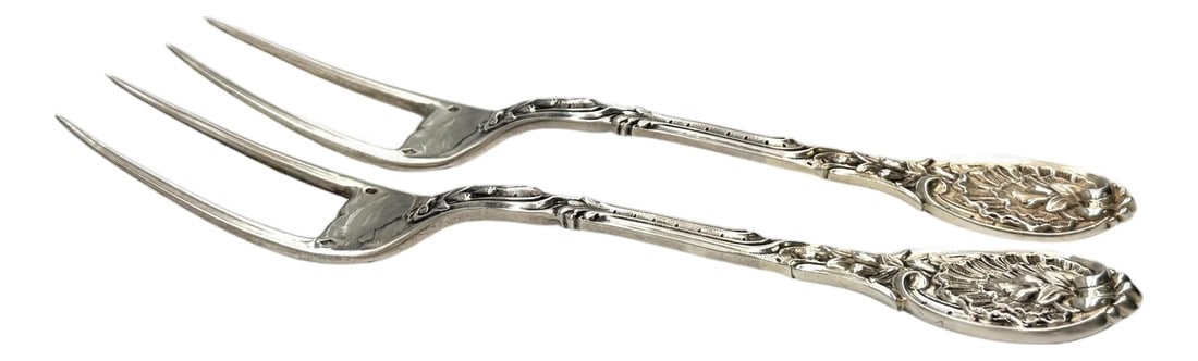 Pair French Silver Odiot Serving Forks, Roasted Meat, Baked Potato, Artichokes: Pair of French Silver Odiot Serving Forks for Roasted Meat, Baked Potatoes, or Artichokes, 19th Century, 191 Grams An exceptional and rare pair of heavy French silver serving forks by the esteemed