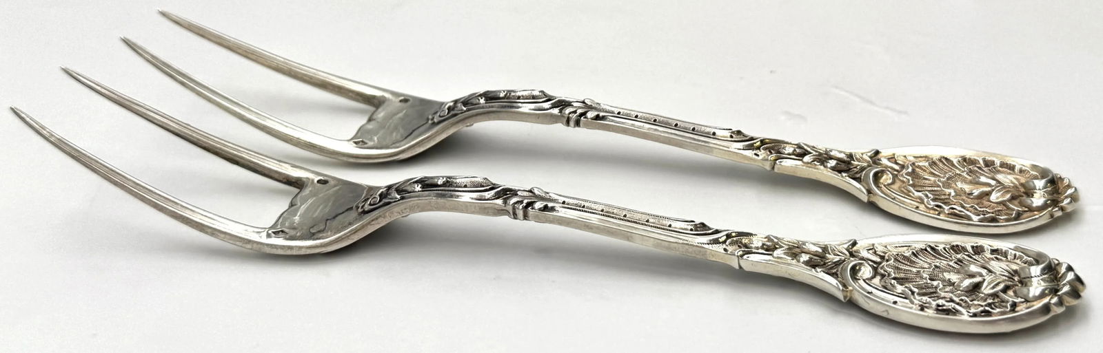 Pair French Silver Odiot Serving Forks, Roasted Meat, Baked Potato, Artichokes - 3