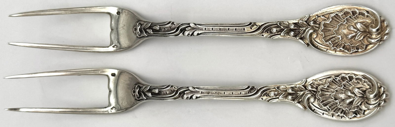 Pair French Silver Odiot Serving Forks, Roasted Meat, Baked Potato, Artichokes - 4