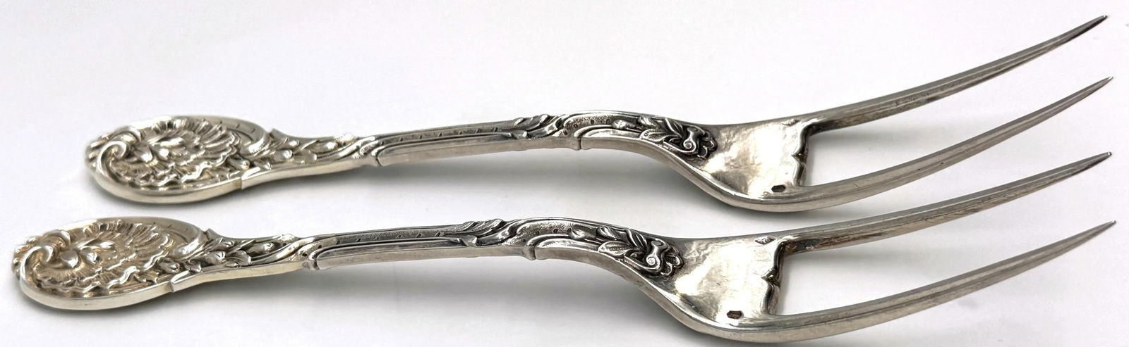 Pair French Silver Odiot Serving Forks, Roasted Meat, Baked Potato, Artichokes - 6