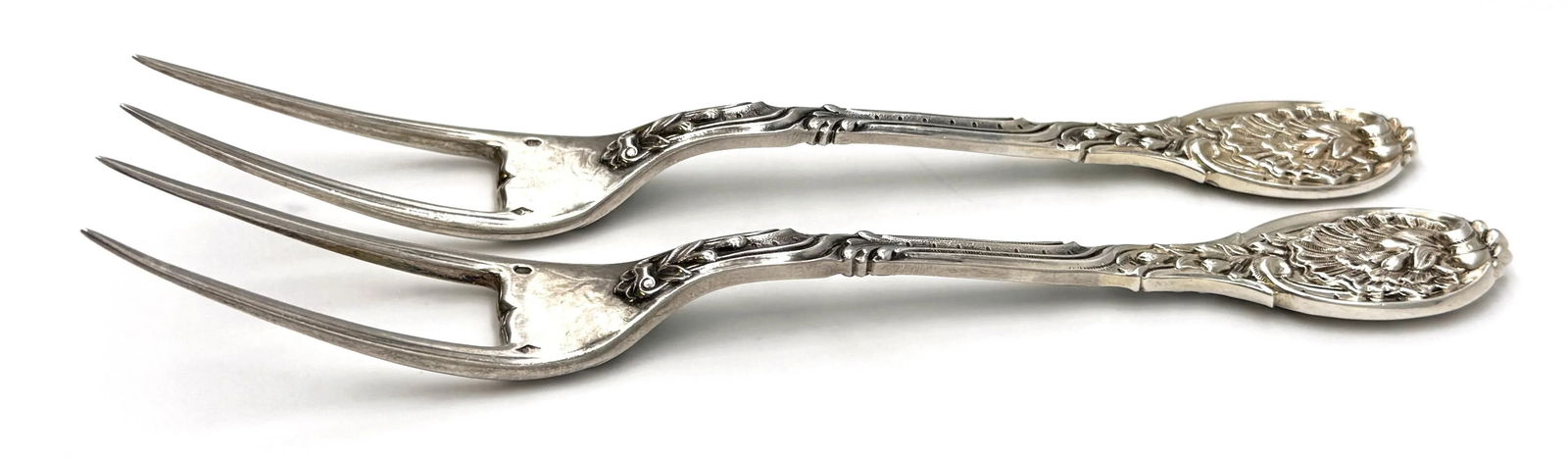 Pair French Silver Odiot Serving Forks, Roasted Meat, Baked Potato, Artichokes - 7
