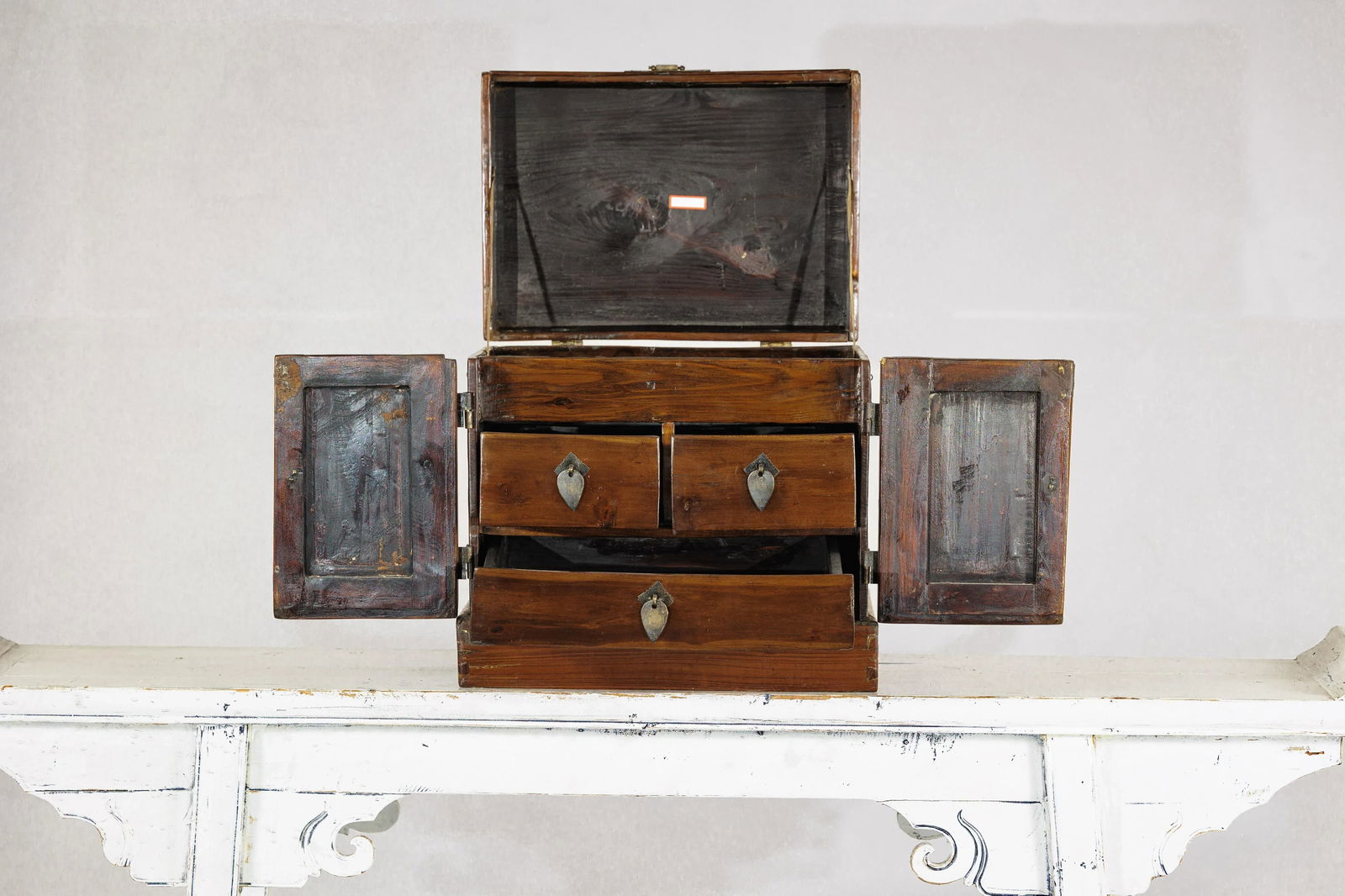 Antique Chinese Brown Lacquer Jewelry Dressing Case with Brass Hardware - 3