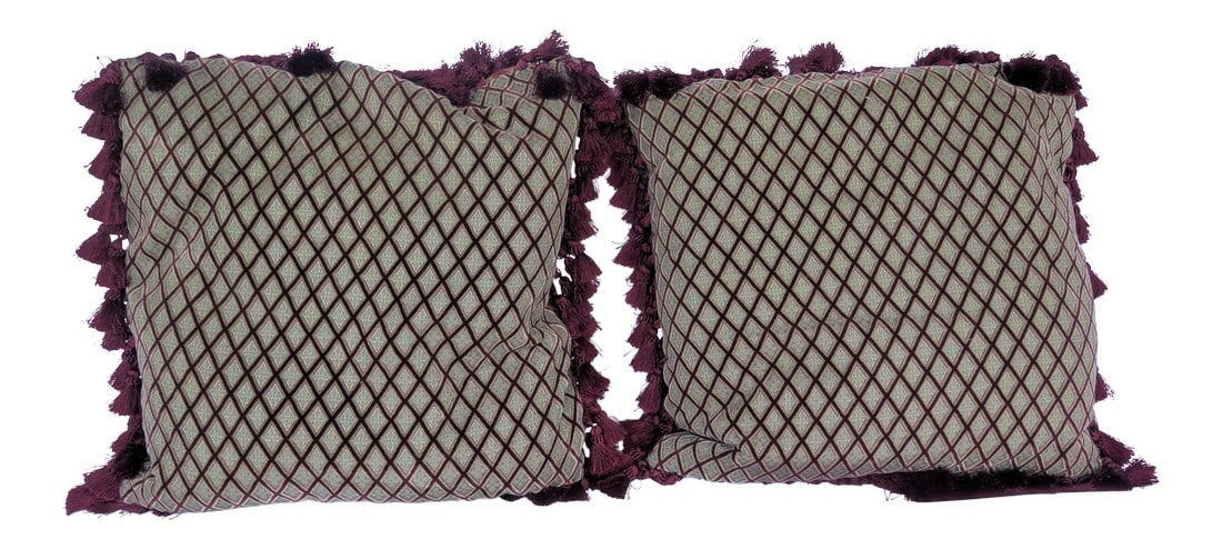 Vintage Silk Fabric Lattice Design Pillows - A Pair: A pair of silk and corduroy Vintage fabric pillows with a "basket weave" motif. The fabric is from the 1940's. The pillows came from a shop in Los Angeles called "The Collection." Throw pillows for