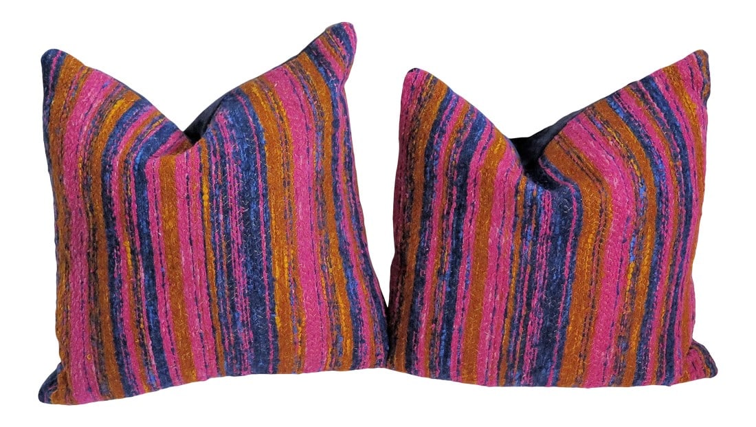 Mid 20th Century Hand Woven Cotton Multi-Color Pillows - A Pair: A pair of striking multi-color hand-woven throw pillows. The pillows are hand sewn with precise strong stitching. I found these pillows in a shop in Las Vegas called Patina. The owner told me the