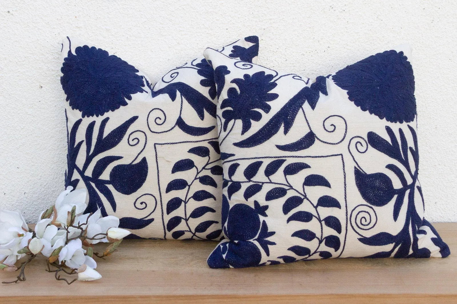 Silk Road Blue & White Suzani Pillow, a Pair - 2