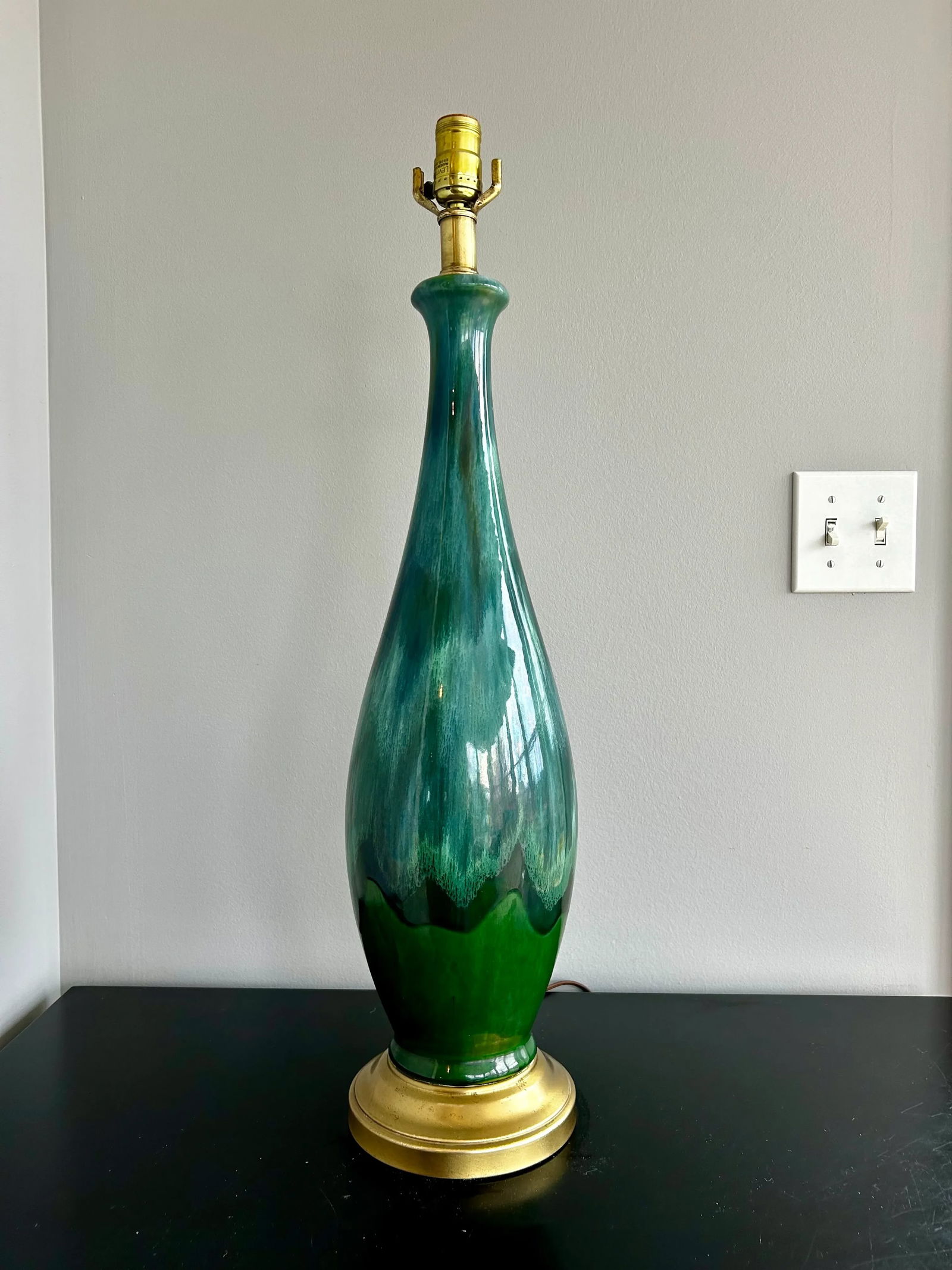1960s Large Mid-Century Modern Drip Glaze Ceramic Table Lamp Green & Blue, Brass Base - 2