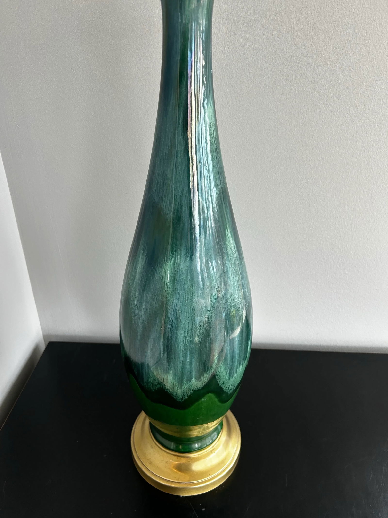 1960s Large Mid-Century Modern Drip Glaze Ceramic Table Lamp Green & Blue, Brass Base - 3