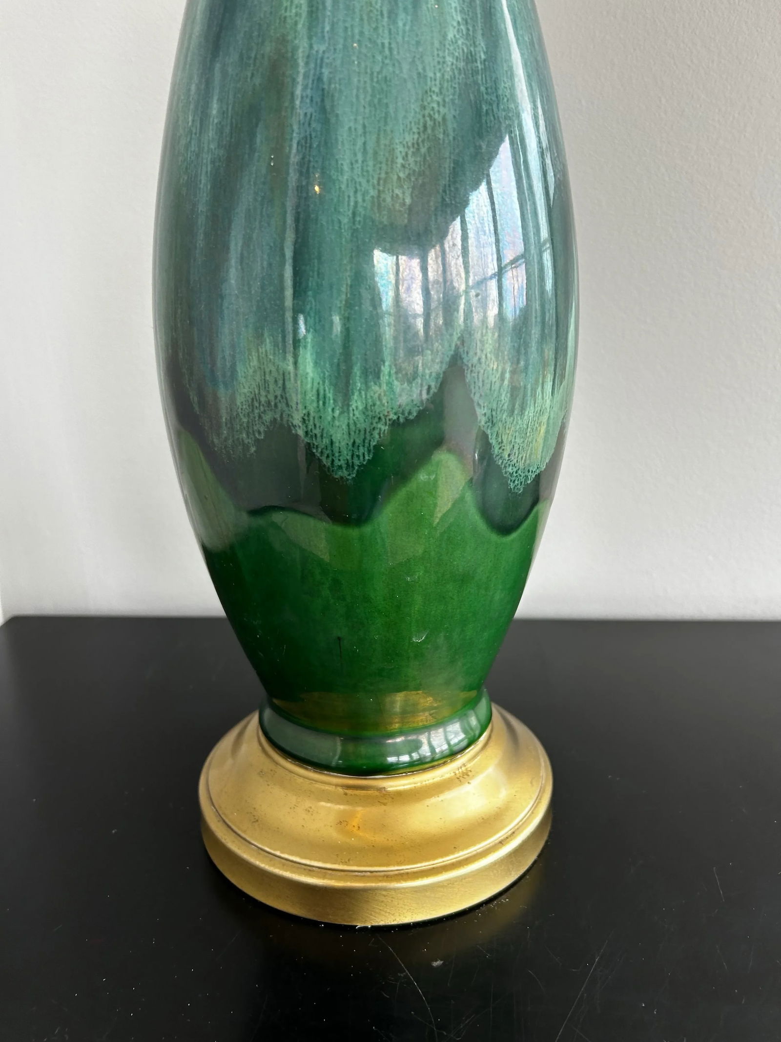 1960s Large Mid-Century Modern Drip Glaze Ceramic Table Lamp Green & Blue, Brass Base - 4