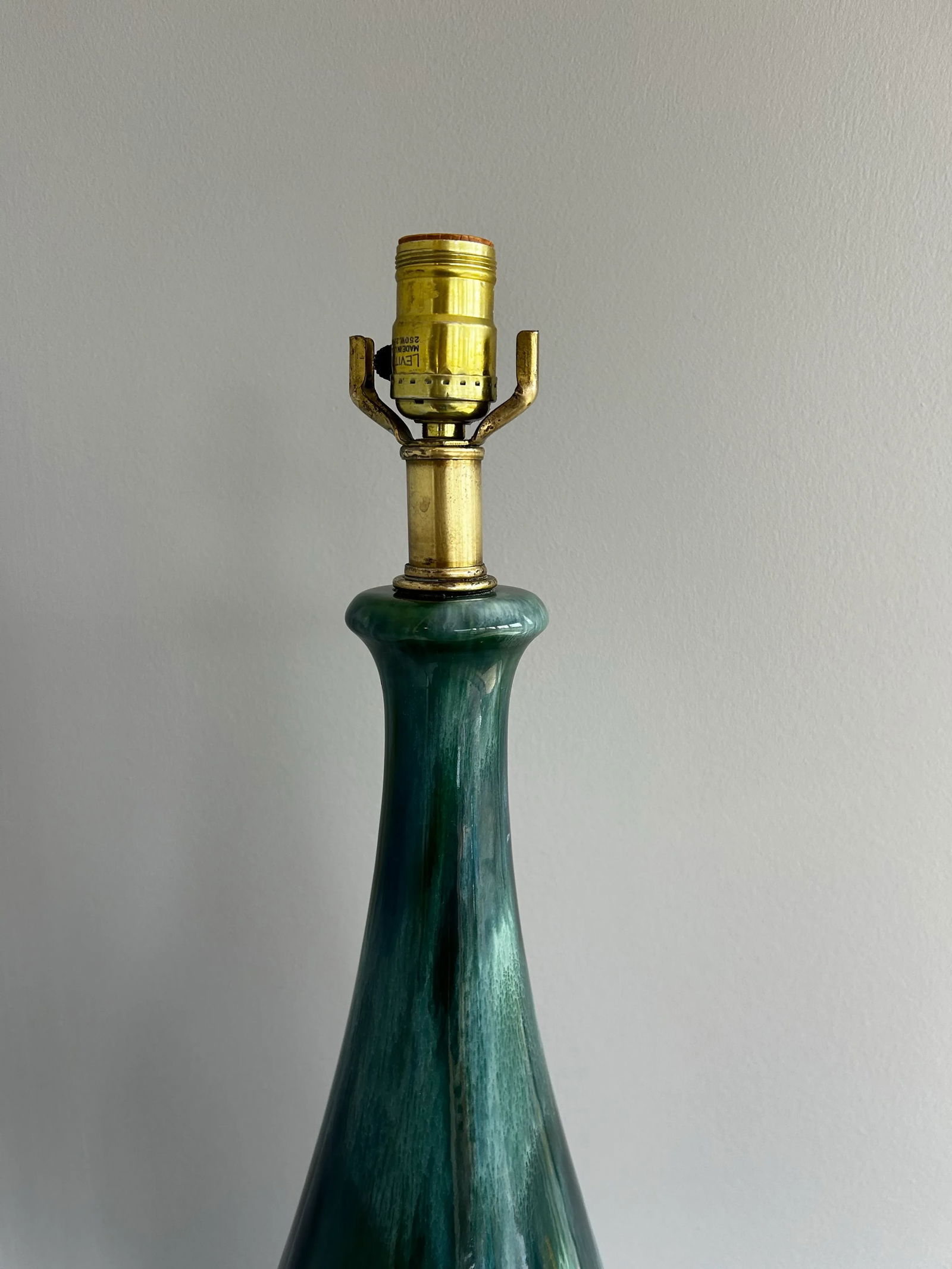 1960s Large Mid-Century Modern Drip Glaze Ceramic Table Lamp Green & Blue, Brass Base - 5