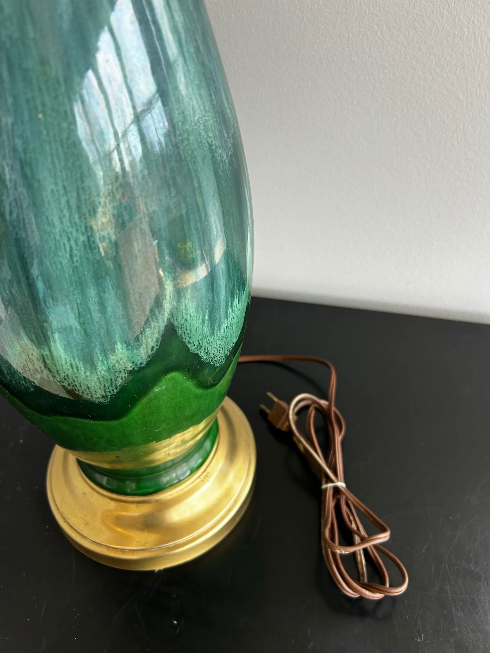 1960s Large Mid-Century Modern Drip Glaze Ceramic Table Lamp Green & Blue, Brass Base - 6