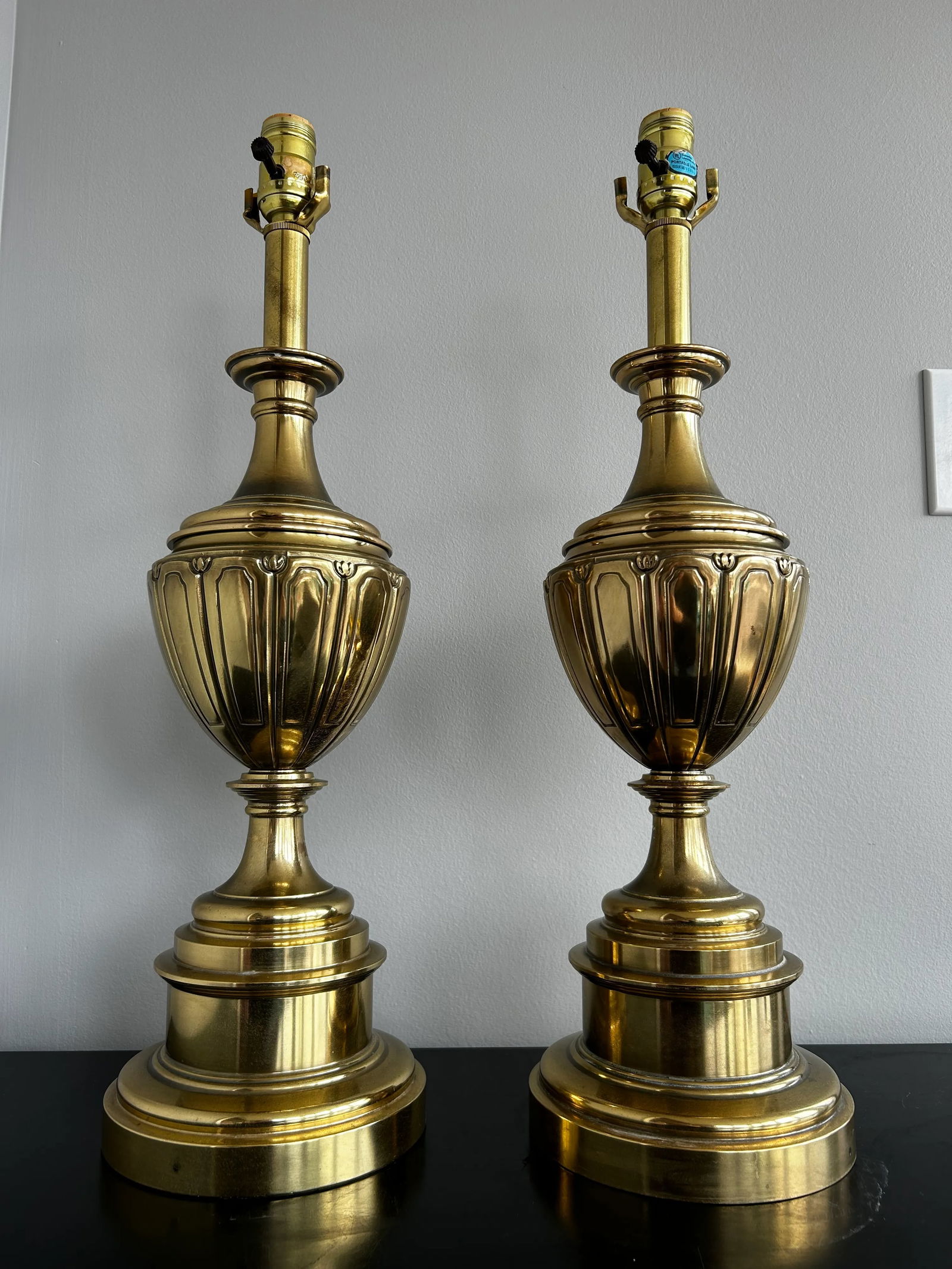 Vintage Stiffel Solid Brass Table Lamps Tulip Detail, a Pair - 2