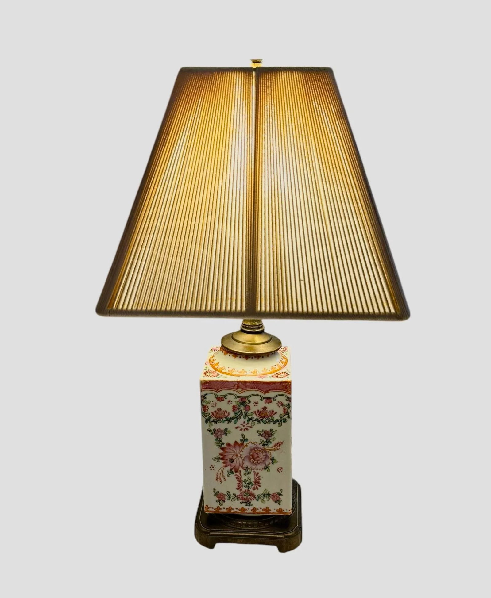 Vintage Chinoiserie 17 1/2" Table Lamp With Famille Rose Handpainted Porcelain Design on Brushed B - 12