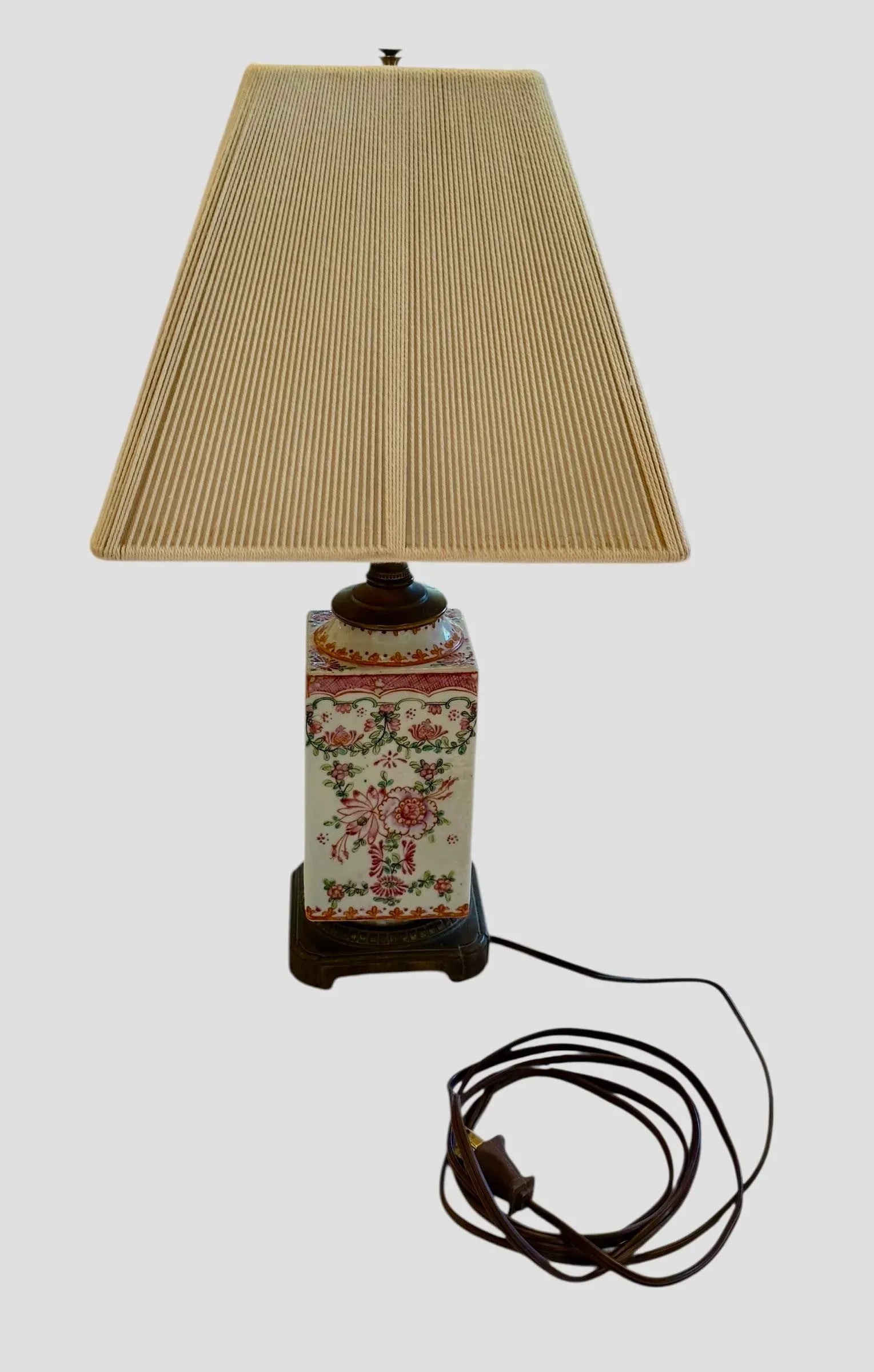 Vintage Chinoiserie 17 1/2" Table Lamp With Famille Rose Handpainted Porcelain Design on Brushed B - 3
