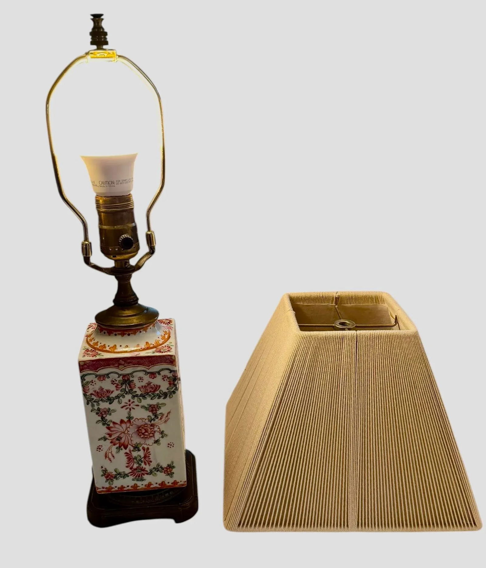 Vintage Chinoiserie 17 1/2" Table Lamp With Famille Rose Handpainted Porcelain Design on Brushed B - 6