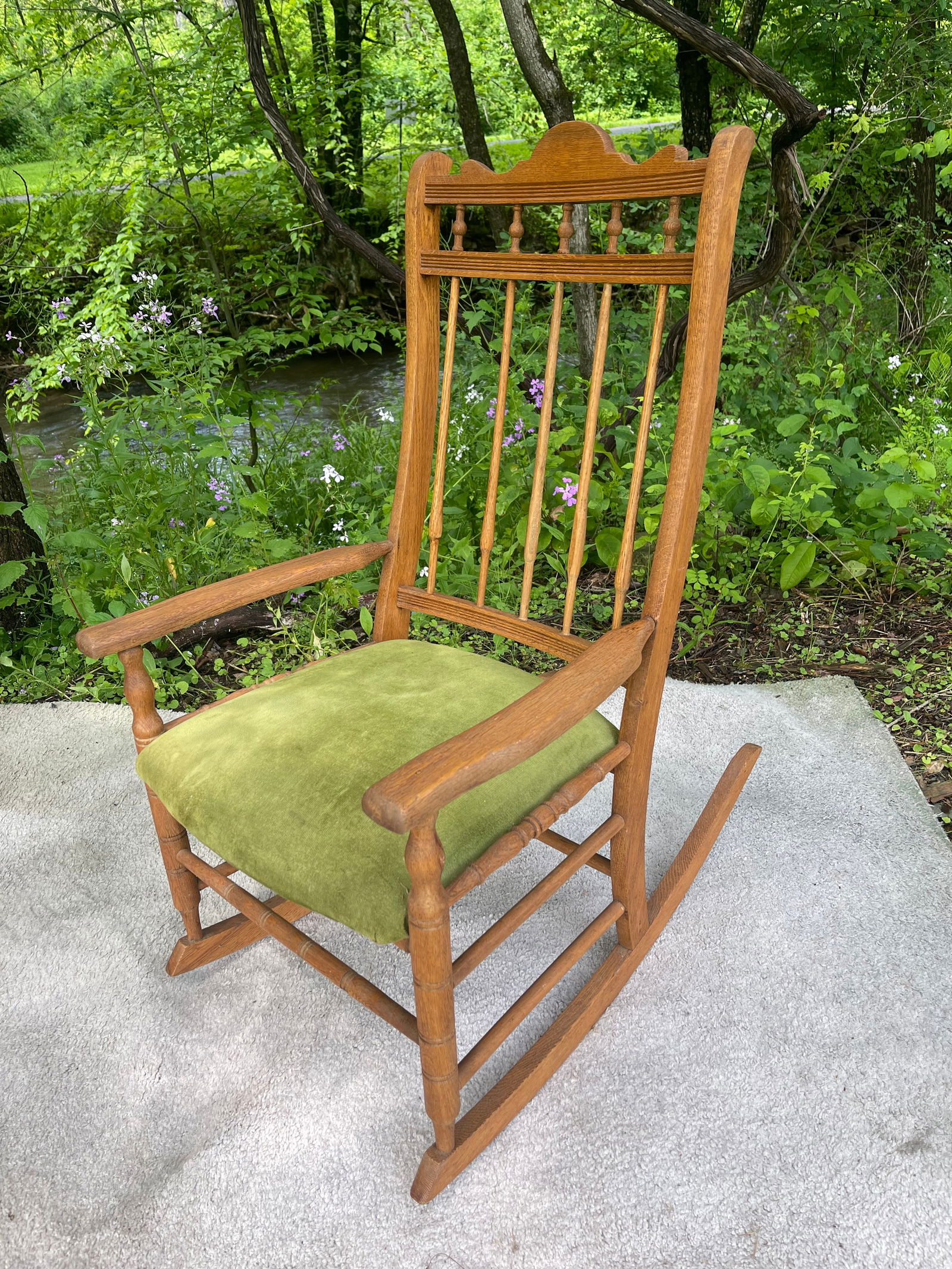 Antique Victorian Early Mission Style Spindle Back Rocking Chair W Upholstered Seat - 2