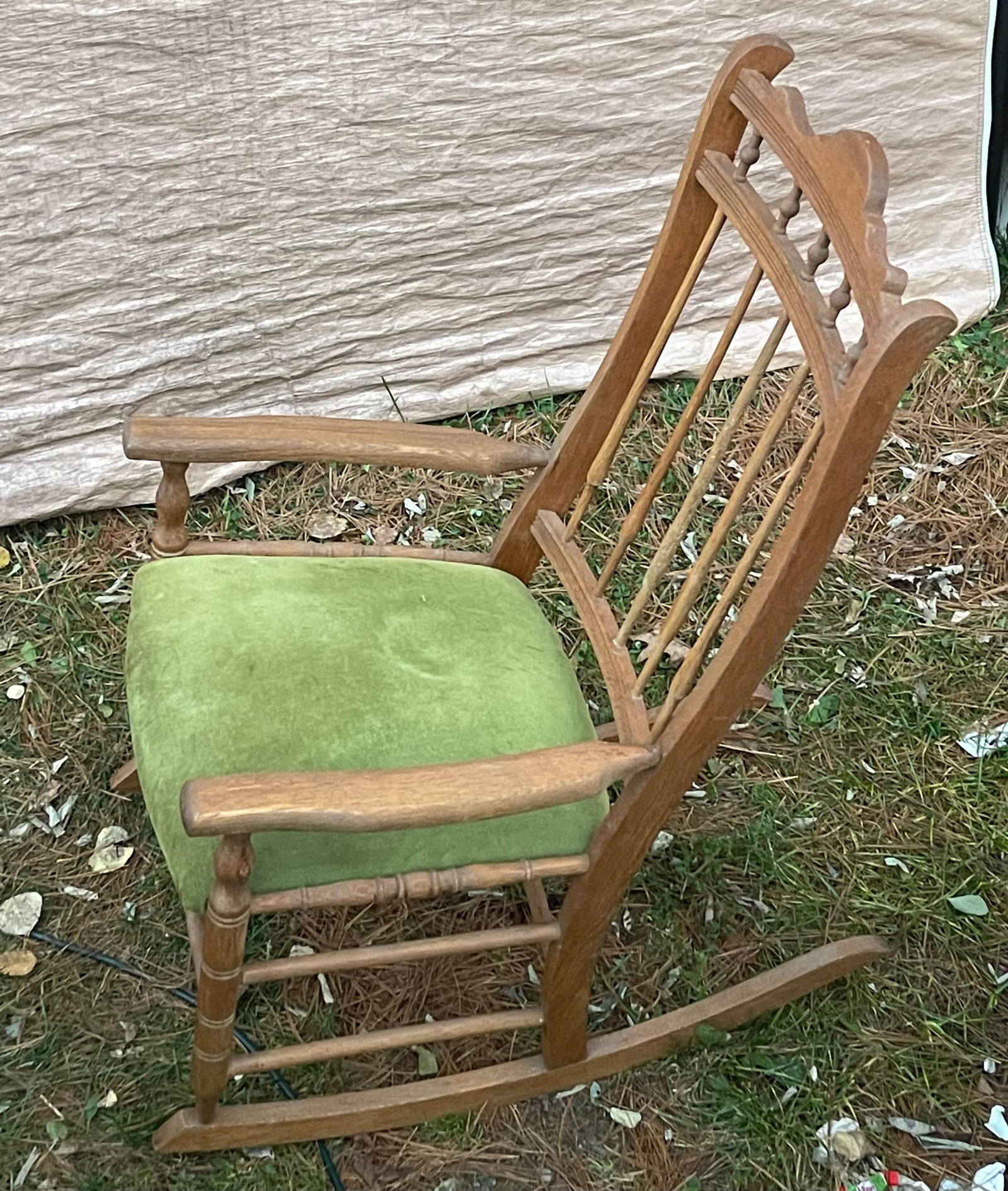 Antique Victorian Early Mission Style Spindle Back Rocking Chair W Upholstered Seat - 3