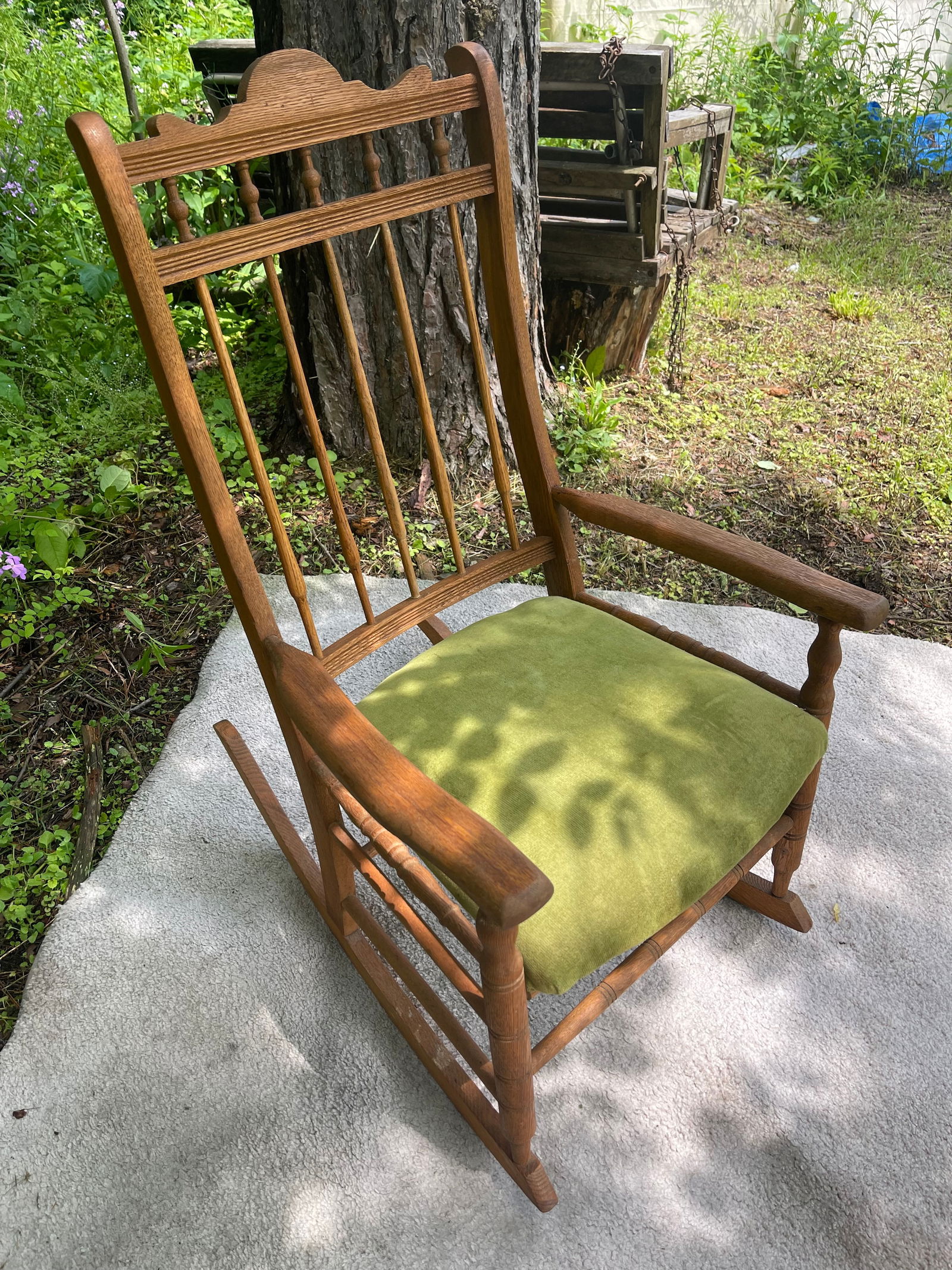 Antique Victorian Early Mission Style Spindle Back Rocking Chair W Upholstered Seat - 5