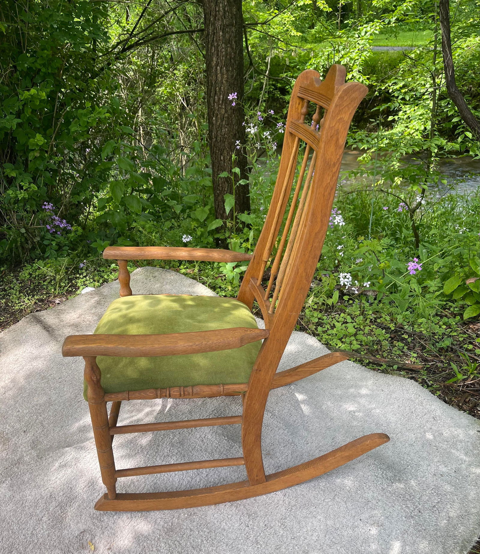 Antique Victorian Early Mission Style Spindle Back Rocking Chair W Upholstered Seat - 7