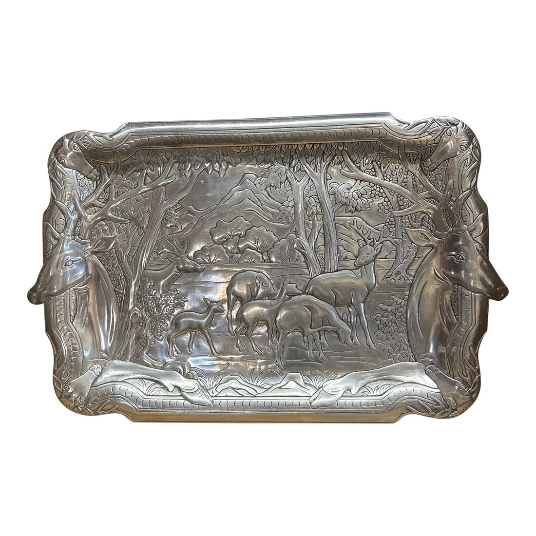 1980s Arthur Court Enchanted Forest Deer Lead Free Pewter Large Footed Tray: Lead free pewter Arthur Court 1982 Forest scene deer family , serving tray. 24" x 15.5 " large. This has lively beautiful family forest scene. This is vintage piece with a few signs of living, 