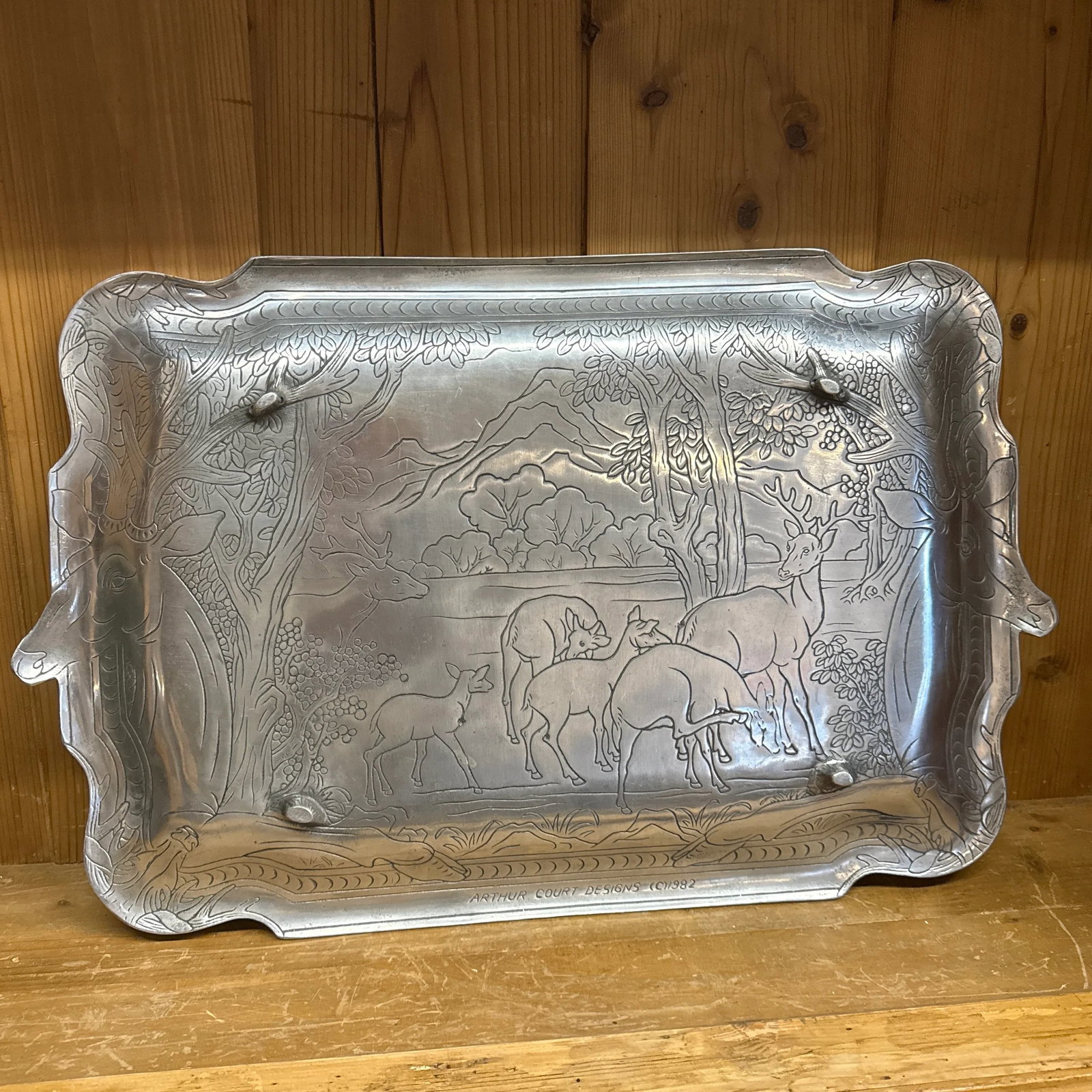 1980s Arthur Court Enchanted Forest Deer Lead Free Pewter Large Footed Tray - 5