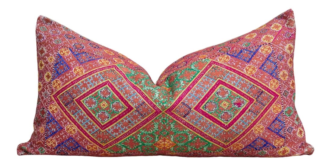 Antique Aasha Sindh Silk Pillow: Beautiful hand-embroidered decorative silk pillow from the rich agricultural states of Punjab where artisans are famous for their "Phulkari" or floral embroidery work. Originally once used as